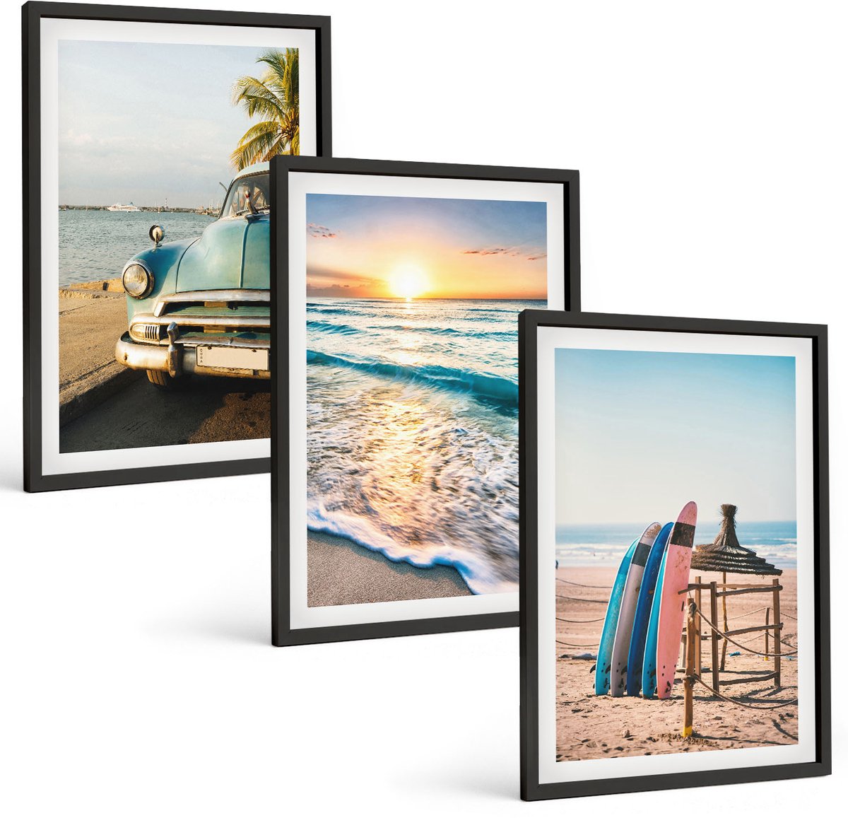 Coloray 3-Delige Schilderij Set - Vakantie In Miami Met Uitzicht Op De Zonsondergang En Zee - 40 x 60 cm - Muurdecoratie - Wanddecoratie - Slaapkamer - Decoratieve Schilderijen