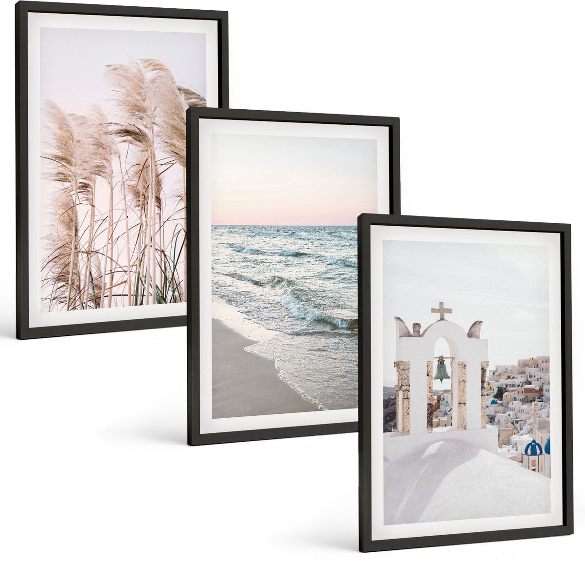 Coloray 3-Delige Schilderij Set - Zeeplanten, Zeegolven, Uitzicht Op De Witte Huizen - 40 x 60 cm - Moderne Wanddecoratie - Woonkamer - Muurdecoratie