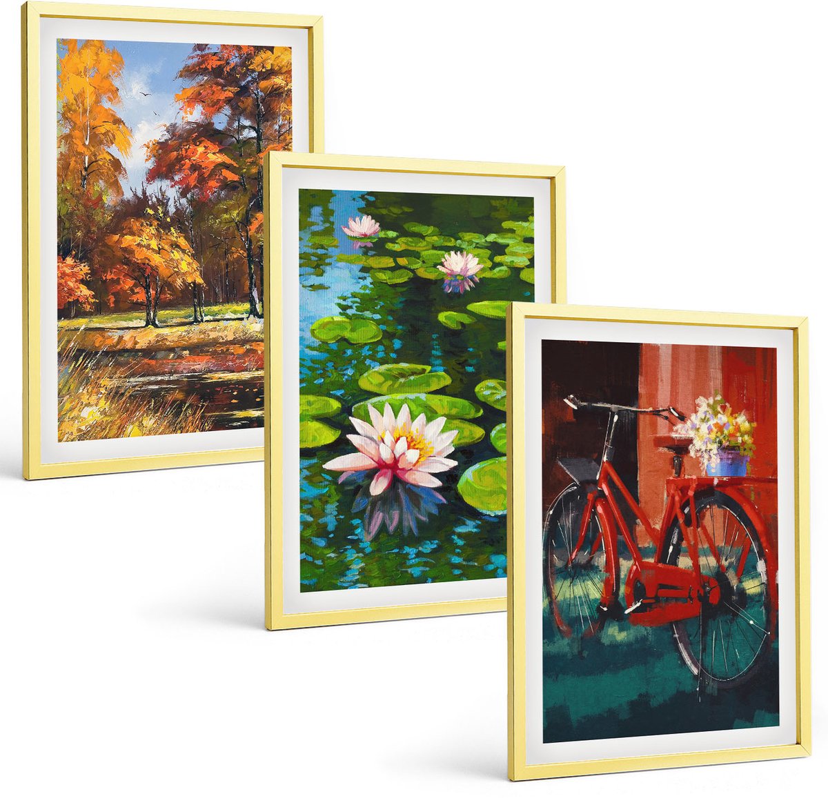 Coloray 3-Delige Schilderij Set - Een Meer In De Bergen Met Bootjes En Een Houten Huisje. - 40 x 40 cm En 40 x 60 cm - Decoratieve Schilderijen - Wanddecoratie - Hal - Muurdecoratie