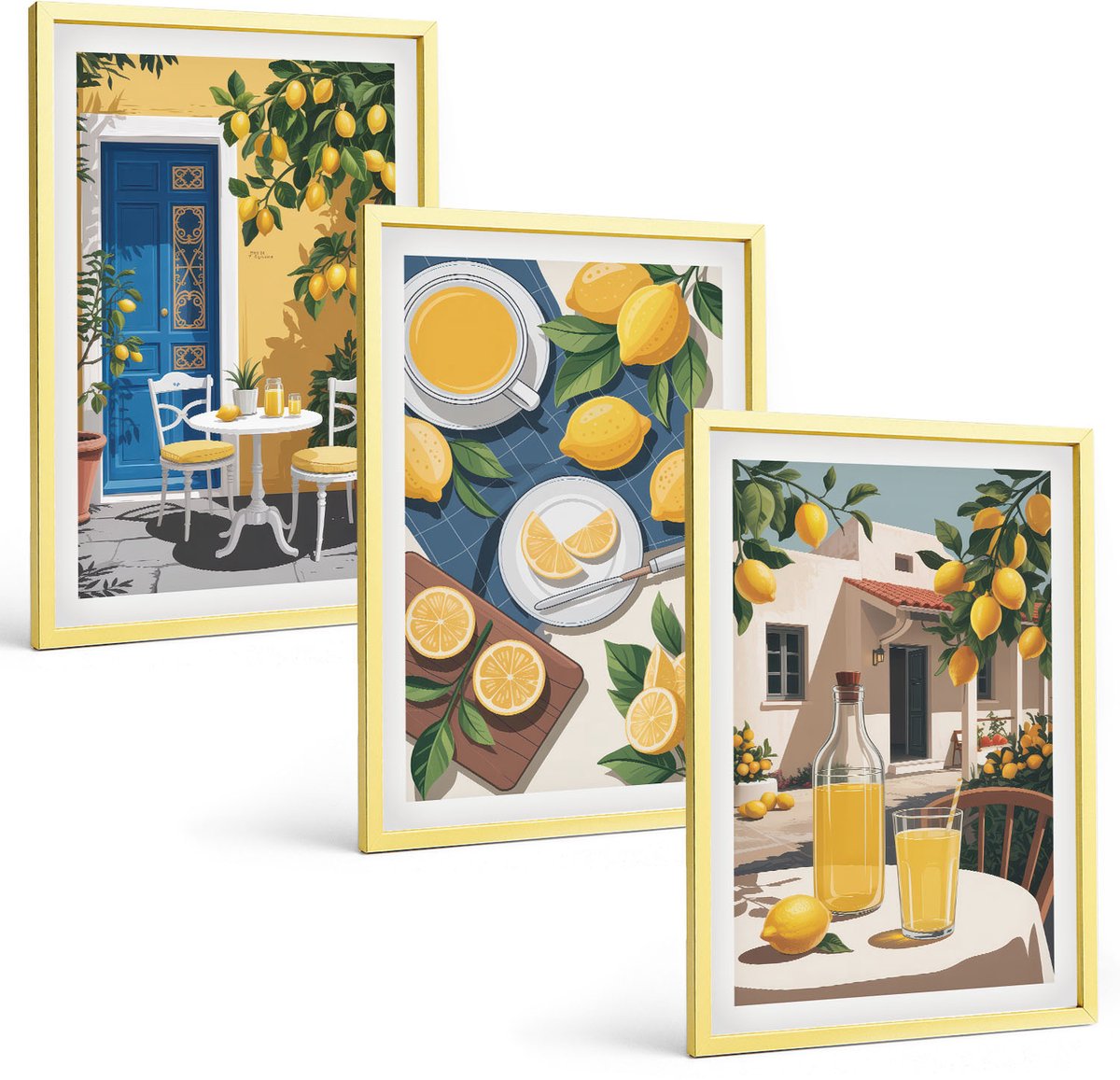 Coloray 3-Delige Schilderij Set - Bloemen In Een Vaas Met Uitzicht Op Zee En Citroenen - 40 x 40 cm En 40 x 60 cm - Schilderijen Set - Wanddecoratie - Woonkamer - Woonkamer Decoratie