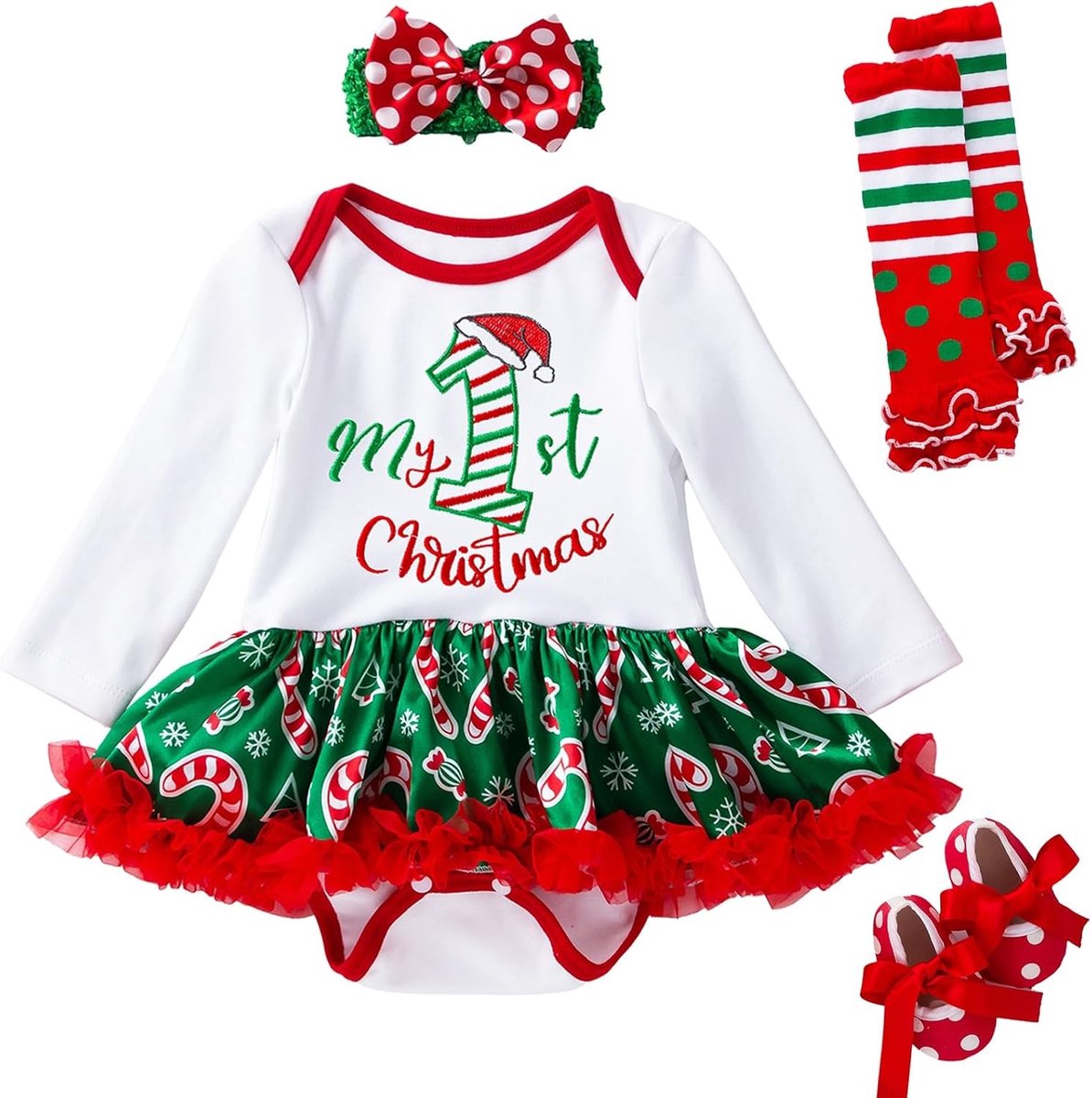 Schattige Eerste Kerstoutfit voor Baby Meisjes met Romper, Tutu Jurk, Schoentjes en Haarband - Perfect voor Feestdagen en Foto's