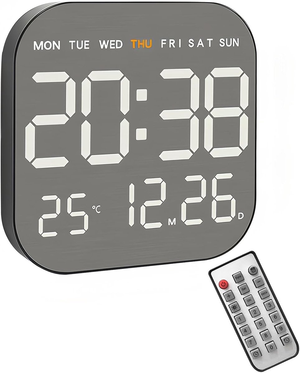 Grote digitale wandklok met 10 helderheidsniveaus, countdown functie en afstandsbediening voor woonkamer, temperatuur, datum en weekdag