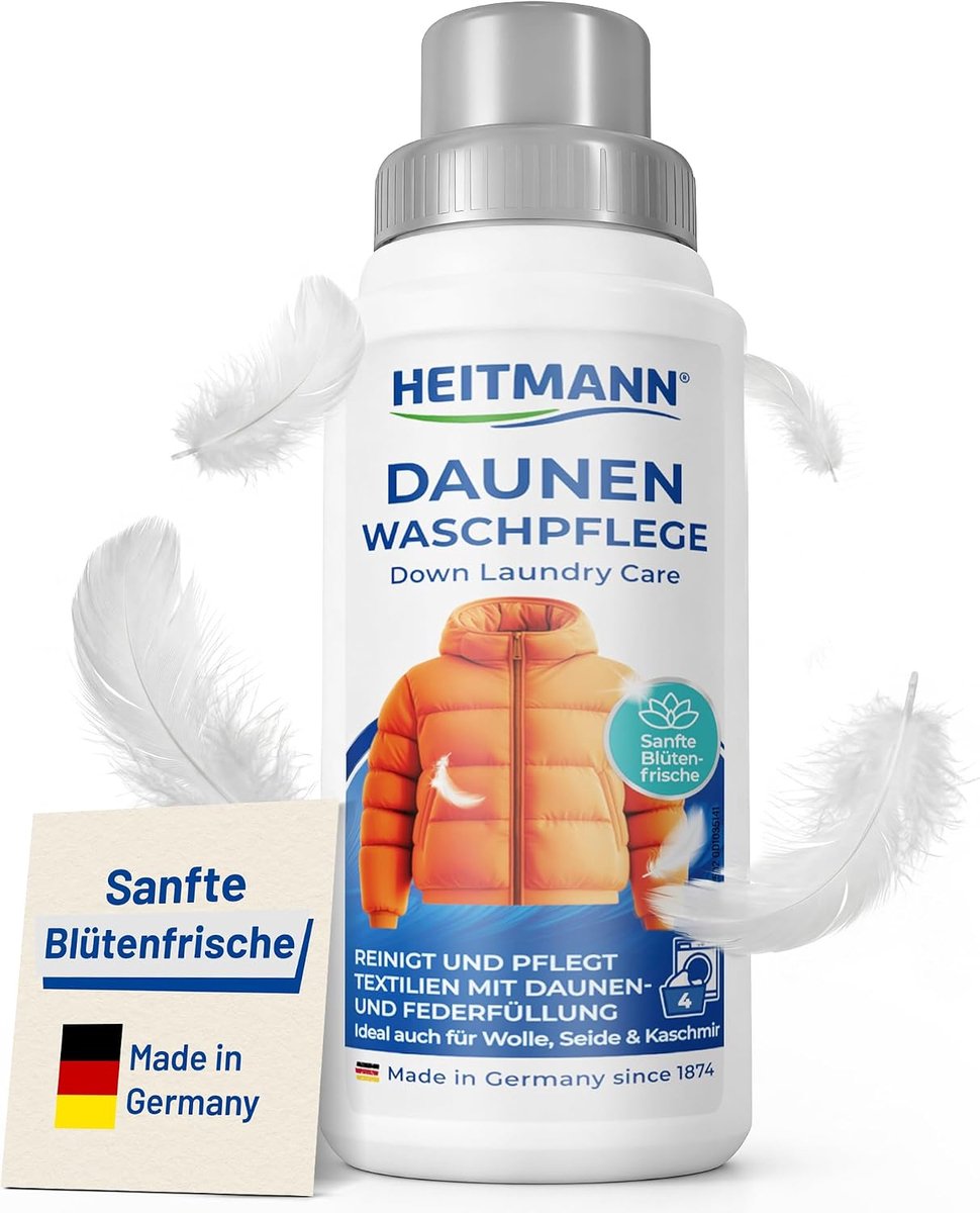 HEITMANN Donswasverzorging 250 ml, vloeibaar wasmiddel voor natuurlijke donsbescherming, donswasmiddel voor zachte reiniging van dons, wol, kasjmier en zijde, behoudt vulkracht en warmte