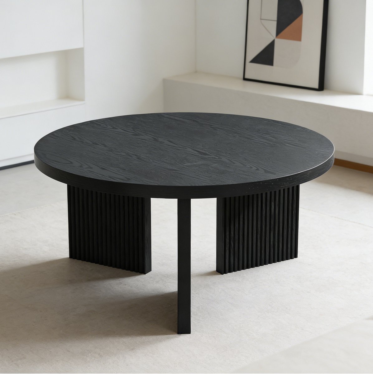 REDOM - Salontafel - Rond blad - Vaste constructie - Onderstel met verticale groeven - Modern - Woonkamer - MDF - Zwart - 80 x 80 x 42 cm