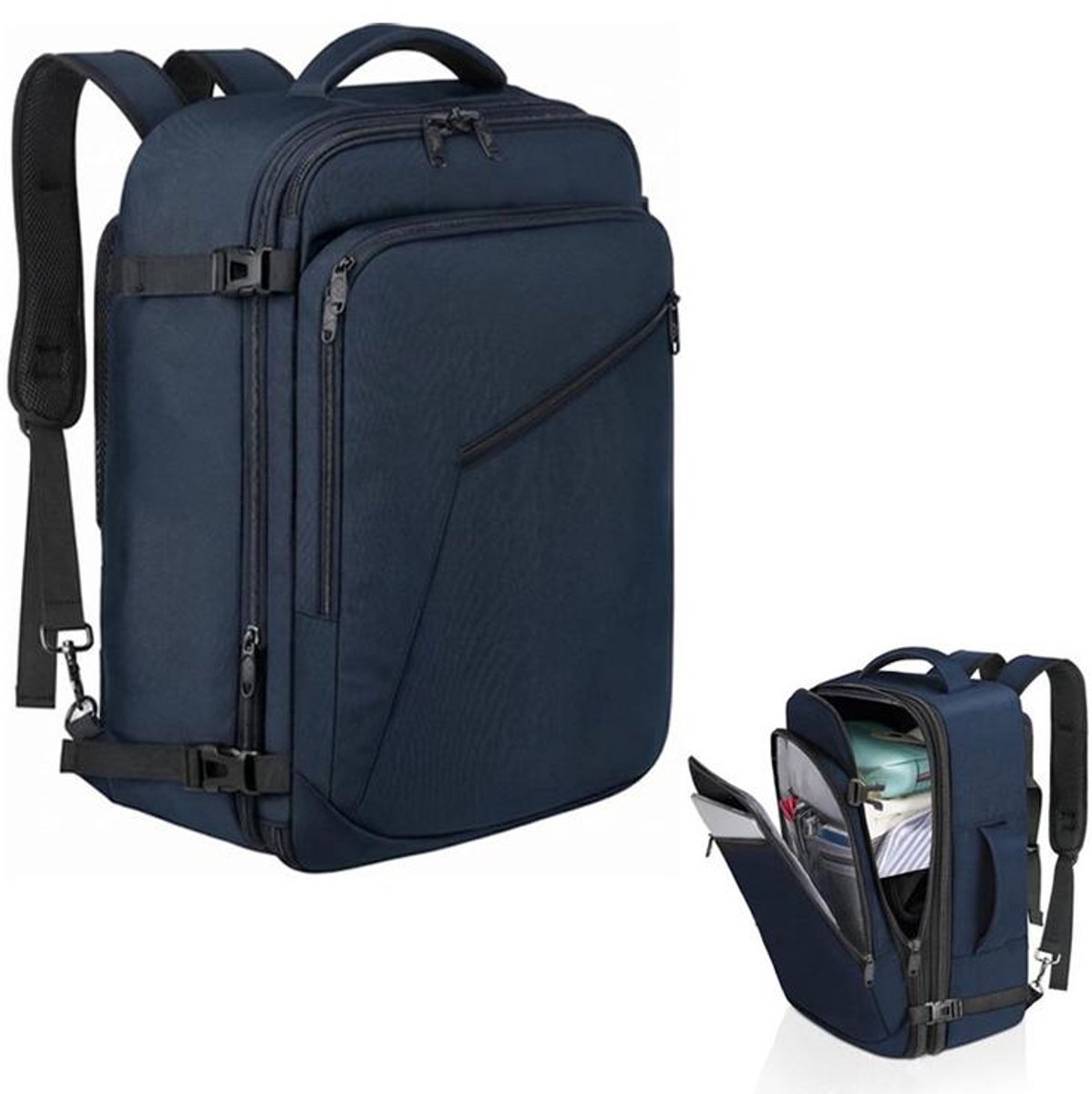 KZQ Rugzak – Handbagage – Reisrugzak – Uitbreidbaar – 35 l – Geschikt voor vliegreizen – Donkerblauw