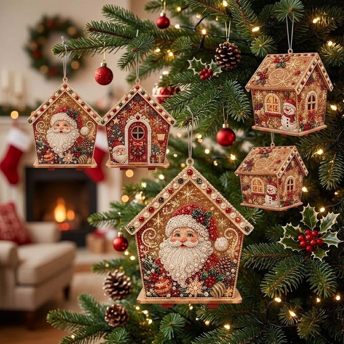 Namajunas - 3D Houten Huis Diamond Painting set - Parels - Diamond Painting Volwassenen & Kinderen - Met Diamond Painting Accesoires - Creatief Knutselen - DIY Knutselpakket - Kerstboomversiering - Kerstversiering Decoratie Binnen - Cadeau - Kerstman – foto 6