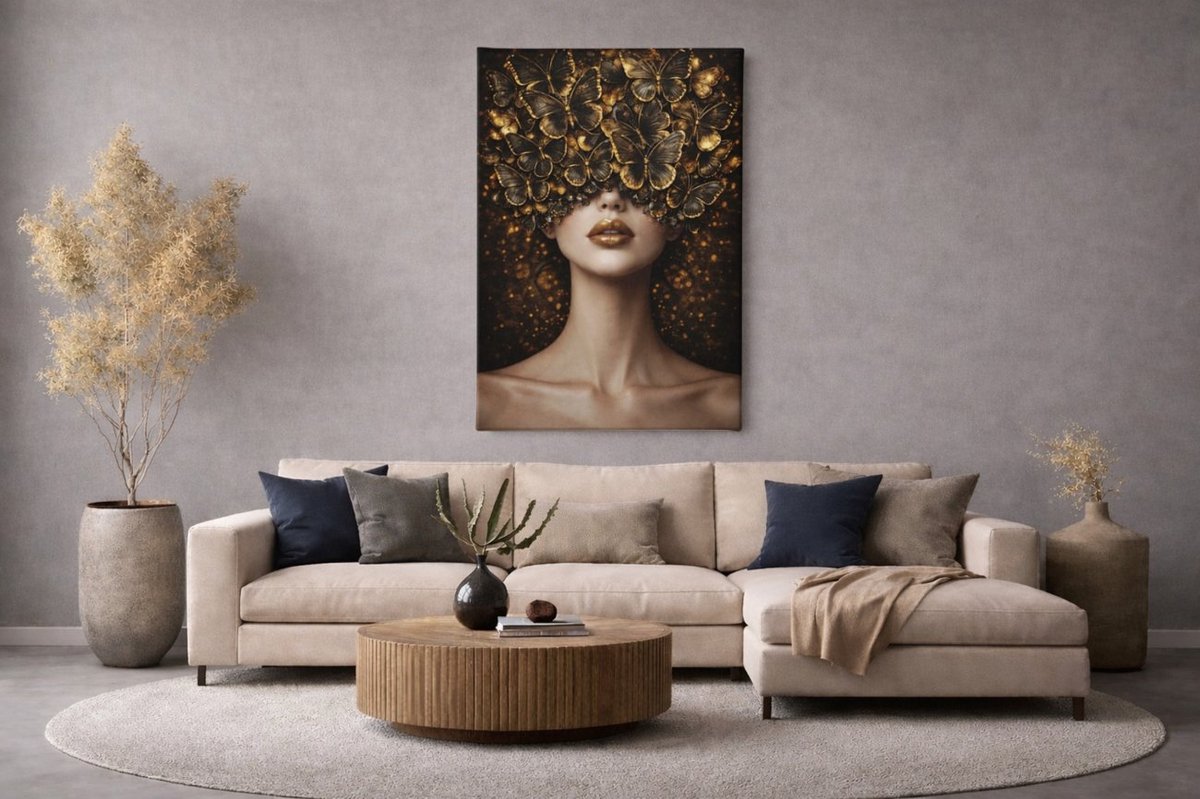 Canvas Schilderij Vlinders Vrouw – Goud Zwart – Luxe Wanddecoratie - 150 x 100 cm