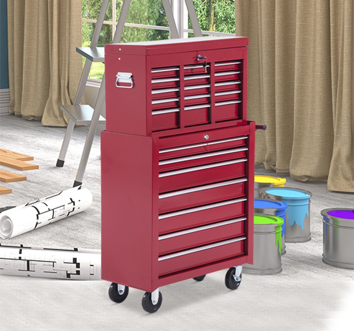 MODFU-Gereedschapskar-16 Lades-Met Slot-4 Wielen-Staal-Rood