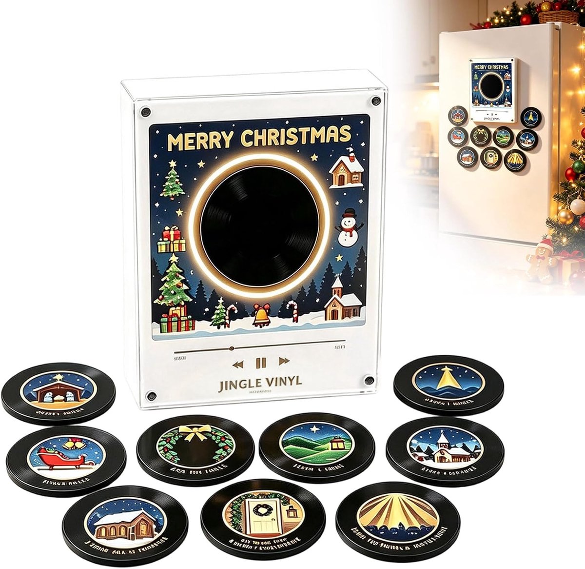 Kerst Muziek Magneten Voor Koelkast - Met LED-licht & 9 NFC Mini Vinylplaten - Muziekdoos Kit - USB-Oplaadbaar - Complete NFC-discspeler voor vinylliefhebbers - herbruikbaar decor voor kerstdecoraties, keuken en feest - Kersteditie 01