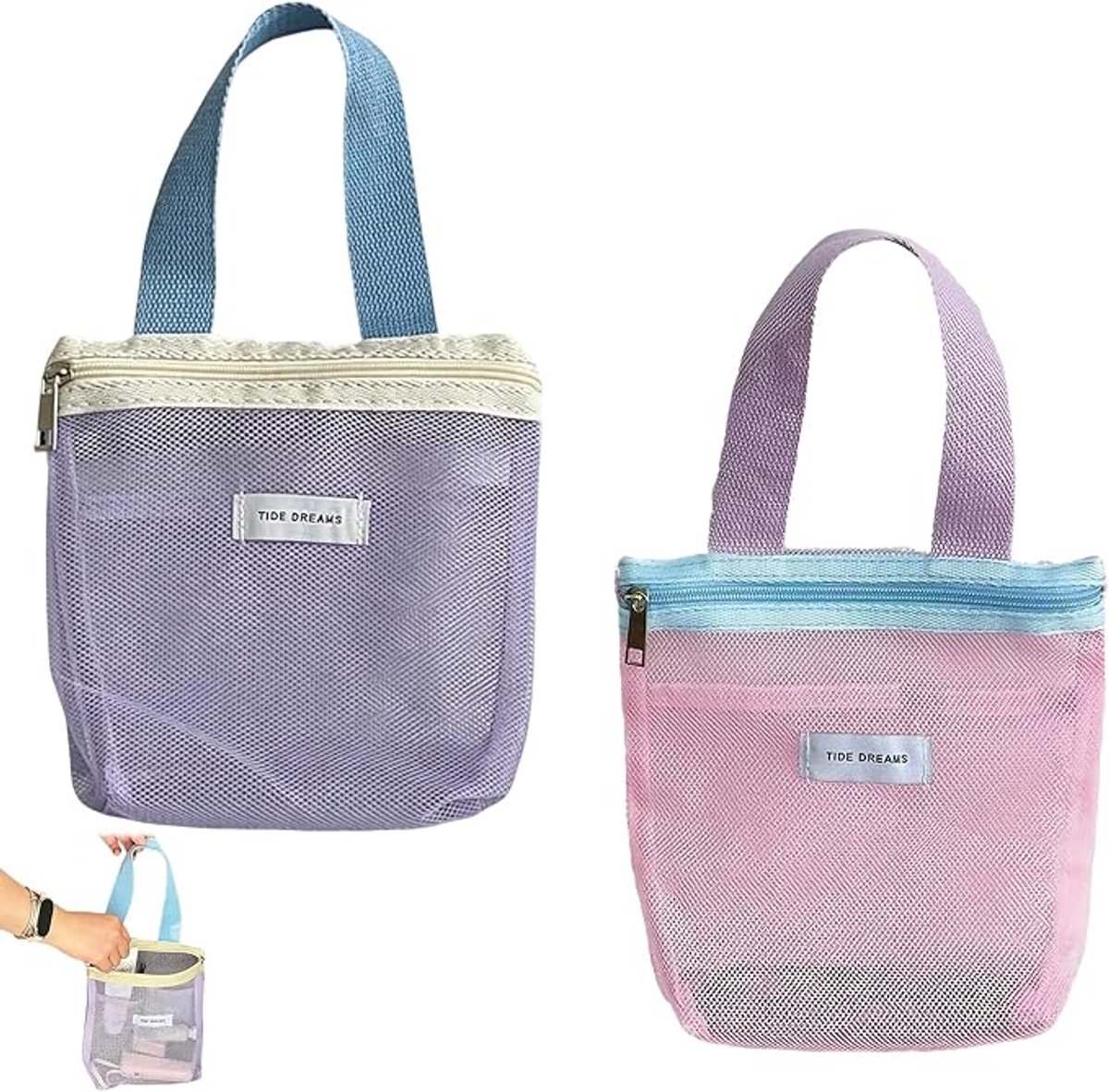 2 Stuks opvouwbare mesh duschtas, draagbare toilettas met handgreep en ritssluiting - sneldrogend en lichtgewicht voor strand, fitness, reizen, douche en badkamer