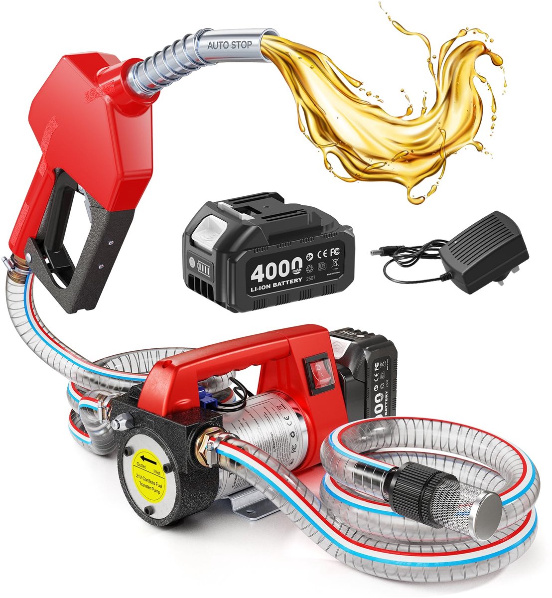 Taskstar Dieselpomp accu 45 l/min, 21 V elektrische brandstofpomp set met 1 x 4,0 Ah accu, draagbare oliepomp met - ShopVlot