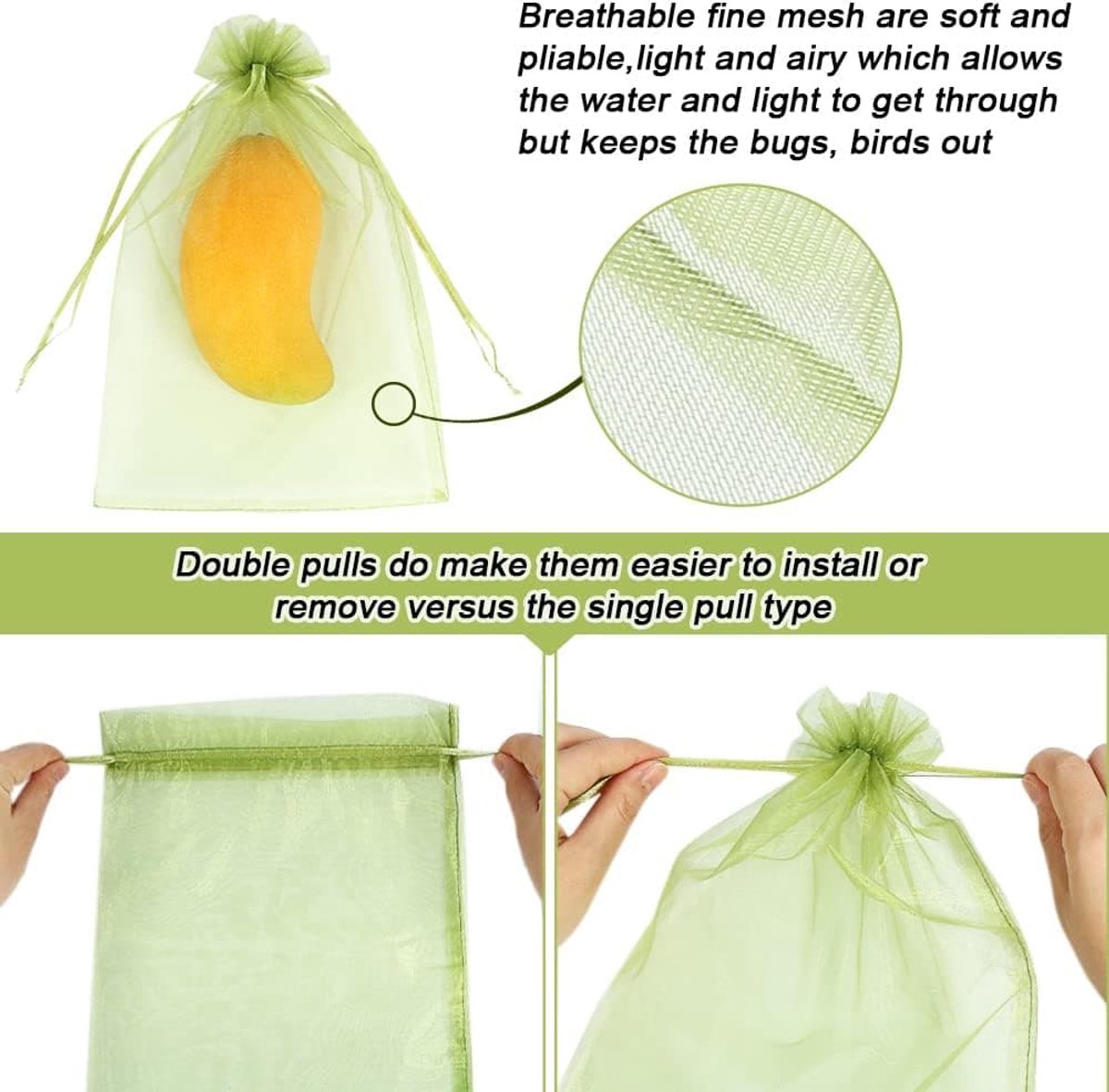 100 fruitzakjes, 20x30 cm per stuk, groene netzakjes Geschikt voor trekkoord