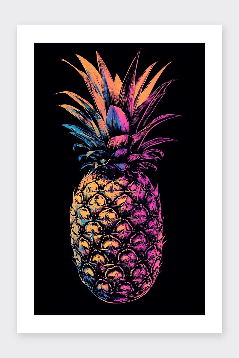 Ananas Poster - Fruit Posters - Abstract - Passe-Partouts Effect - Wanddecoratie Eetkamer - 180 gram papier - BS6347DZ - Formaat 50 x 70cm