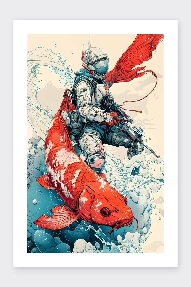 Koi Poster - Soldaat - Natuur - Vissen - Artistieke - Creatief - Dier - posters - formaat 30x40cm - Wanddecoratie - BXS4026MT - Met kader - passe-partouts stijl