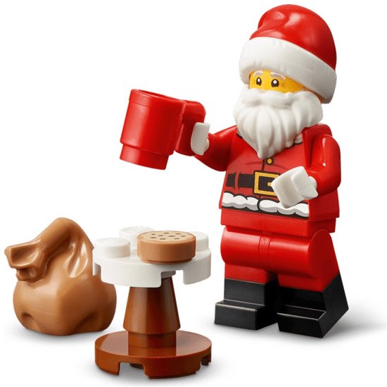 LEGO minifiguur van kerstman met rode mok, koekje, cadeautje en tafeltje.