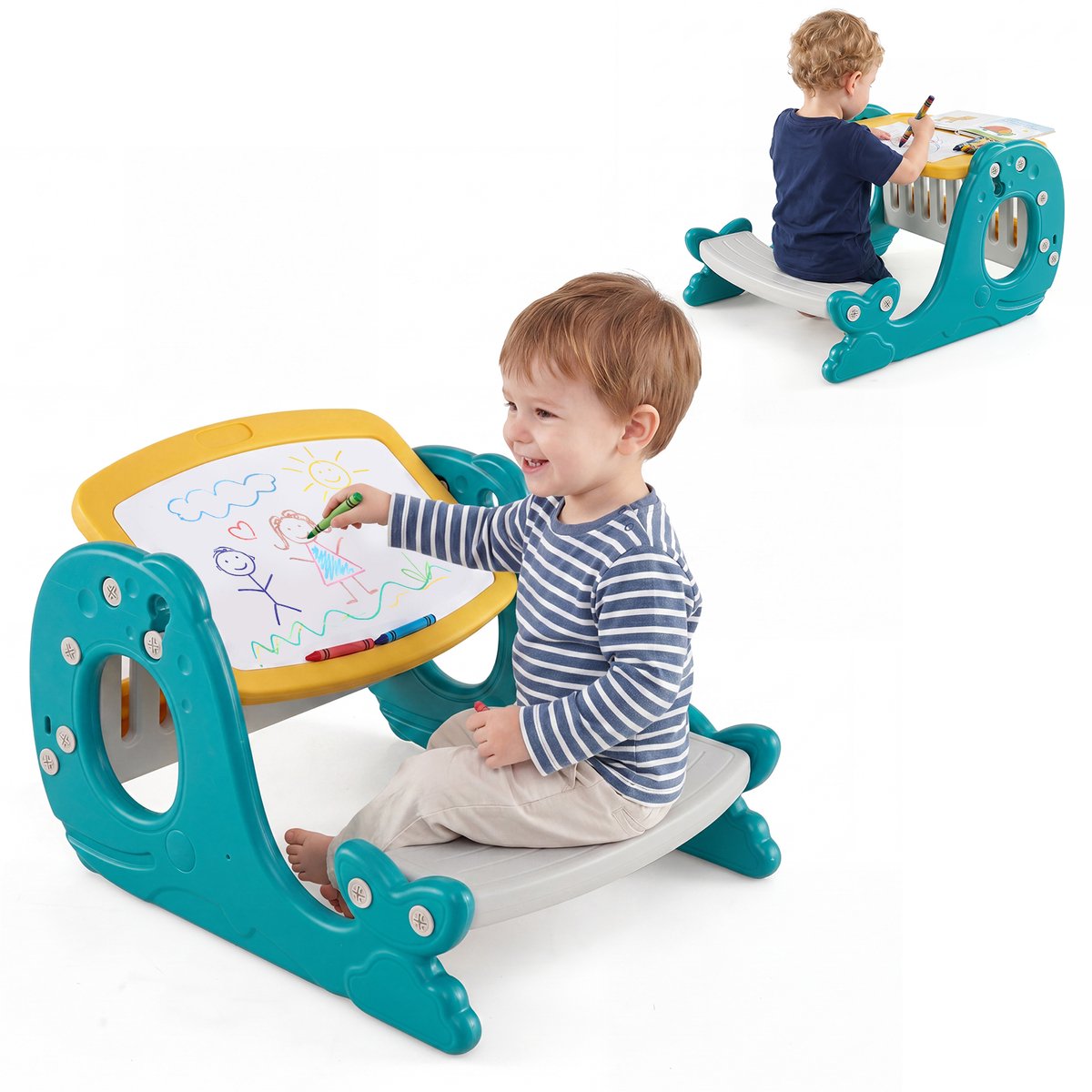 COSTWAY 4 in 1 Ezel voor Kinderen met Bank & Whiteboard (Groen)