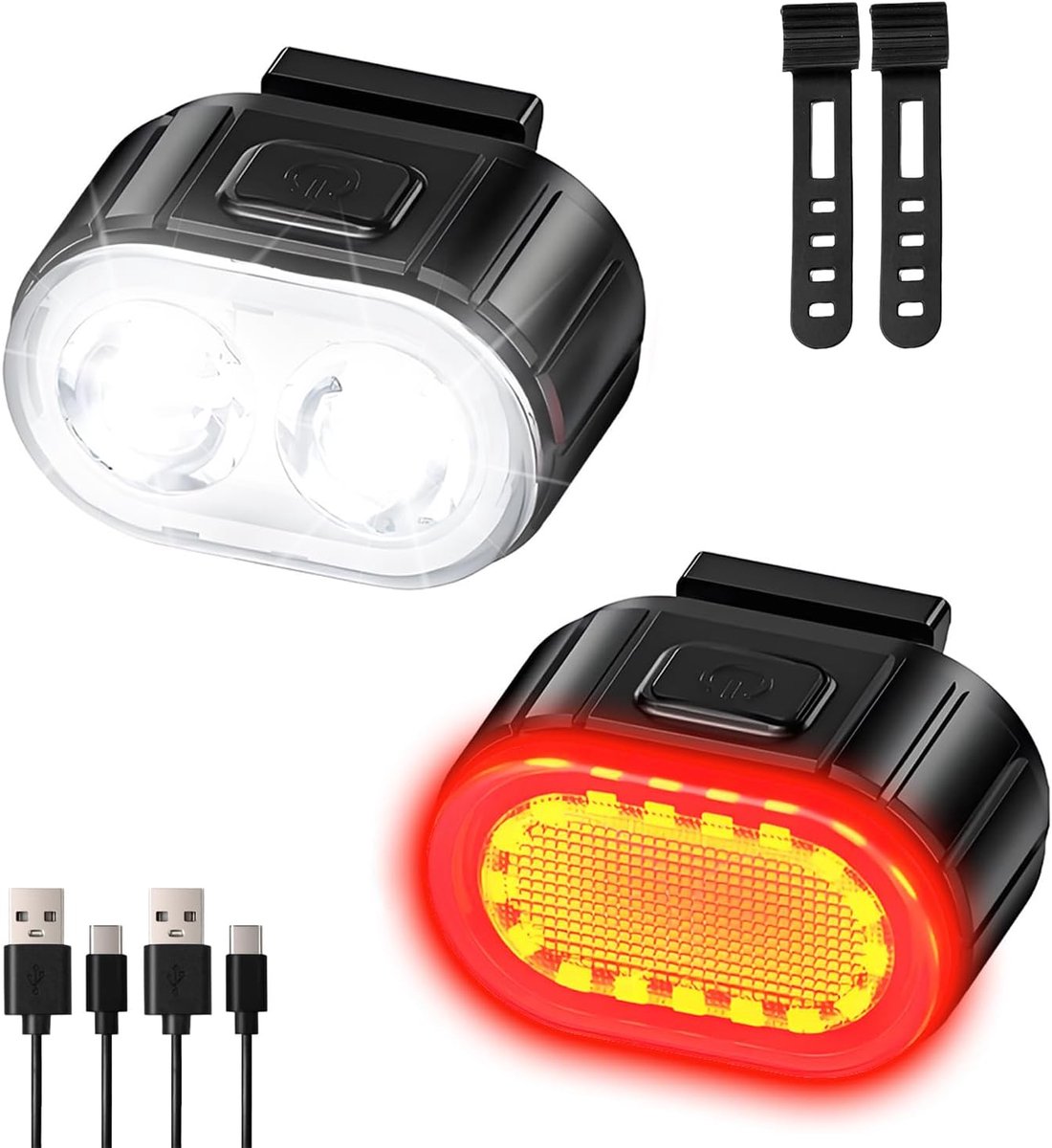 Fietsverlichting Set - USB-C Oplaadbare Fietslampjes - Voorlicht / Achterlicht - IPX4 Waterdicht - Geschikt voor Stadsfiets, MTB, Wandelen & Kamperen - Universeel - Zwart