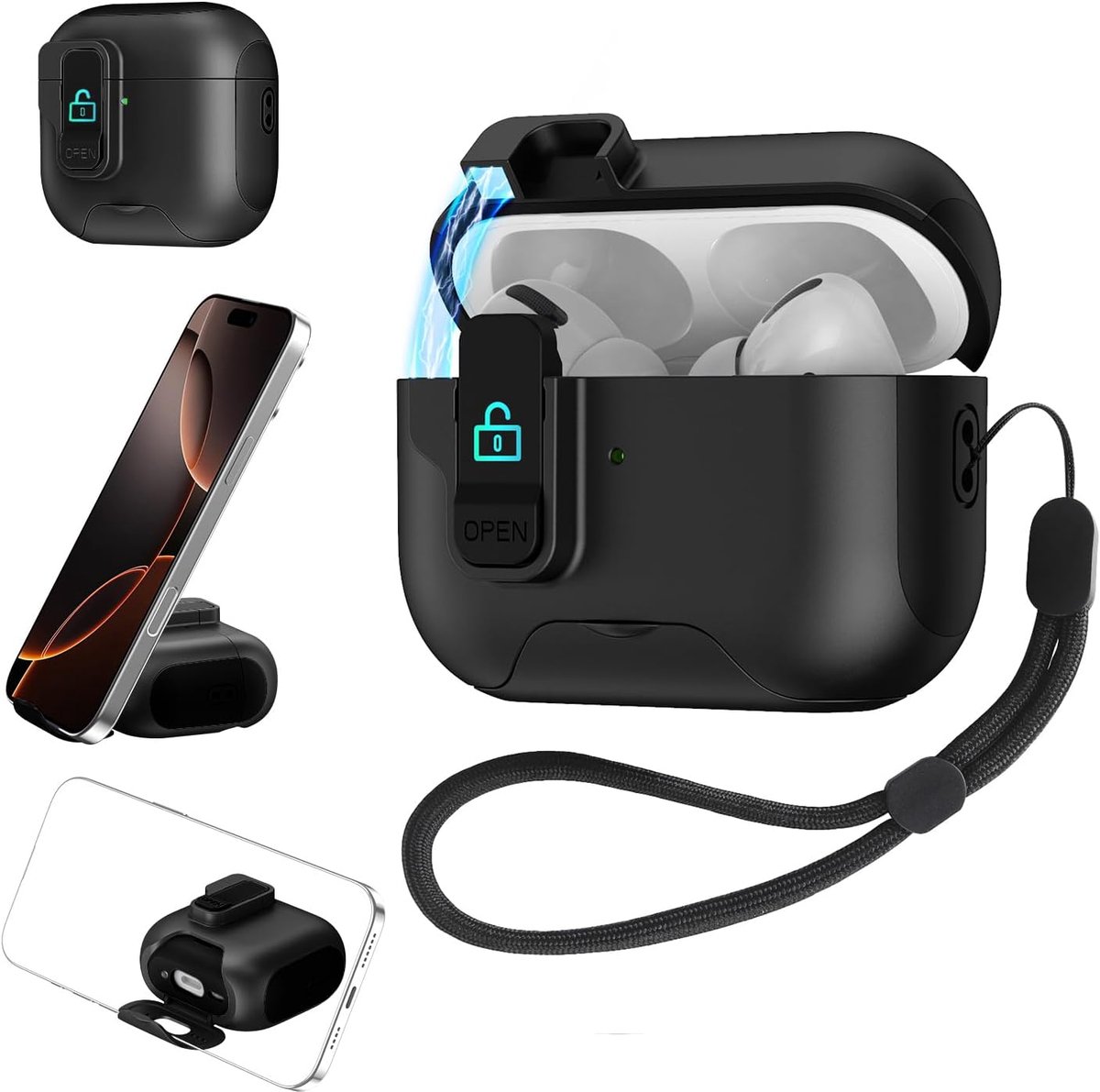 Universele beschermhoes Geschikt voor AirPods Pro / Pro 2 – Hoes met vergrendeling en 'pop-open'-mechanisme, ingebouwde telefoonstandaard en gevlochten draagkoord (zwart)