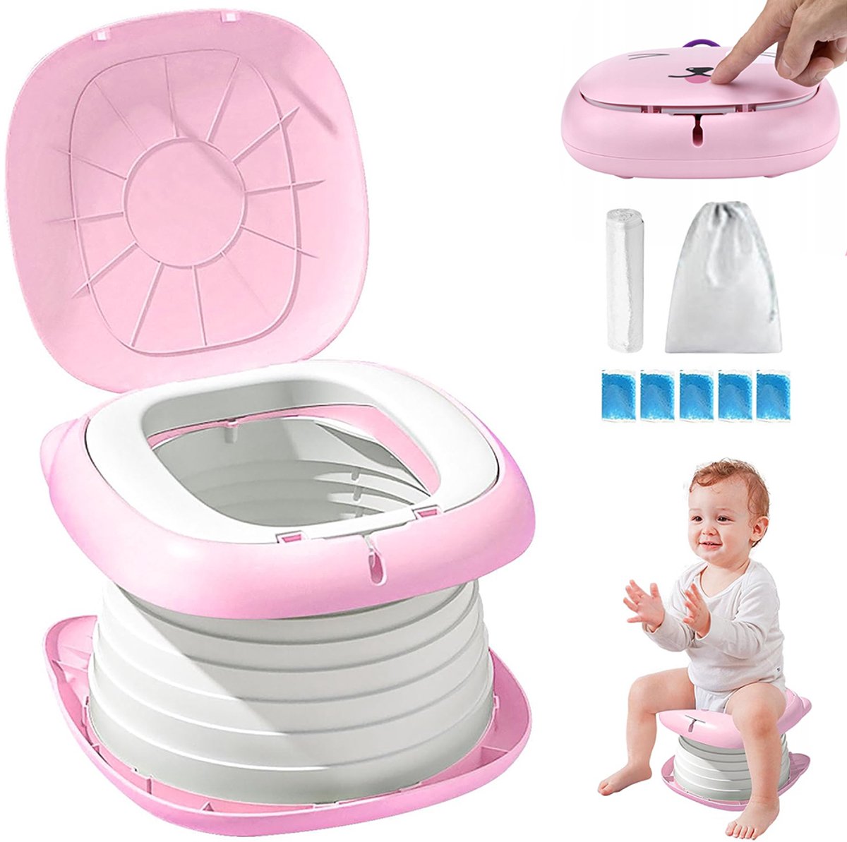 Kinderpotje - Opvouwbaar potje - Campingtoilet - Reispotje - Nooduitrusting voor buiten - Met opbergtas - Draagbaar - Antislip - Roze - Geschikt voor kinderen - 24*17 cm - Roze