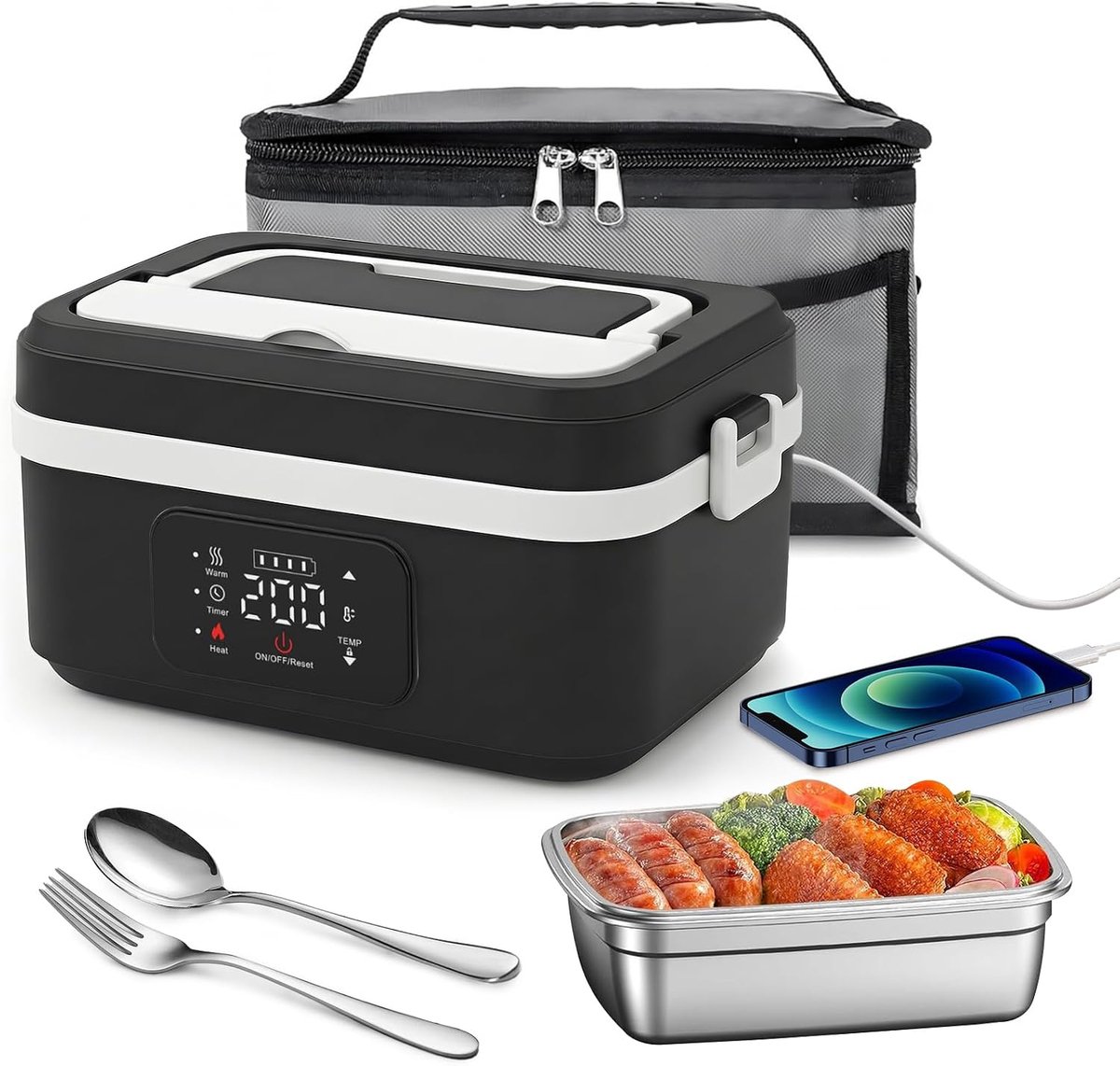 Batterijgevoede verwarmde lunchbox, oplaadbare elektrische lunchbox met programmeerbare verwarmingsfunctie, 1-liter roestvrijstalen auto-voedselverwarmer, inclusief bestek en geïsoleerde tas.
