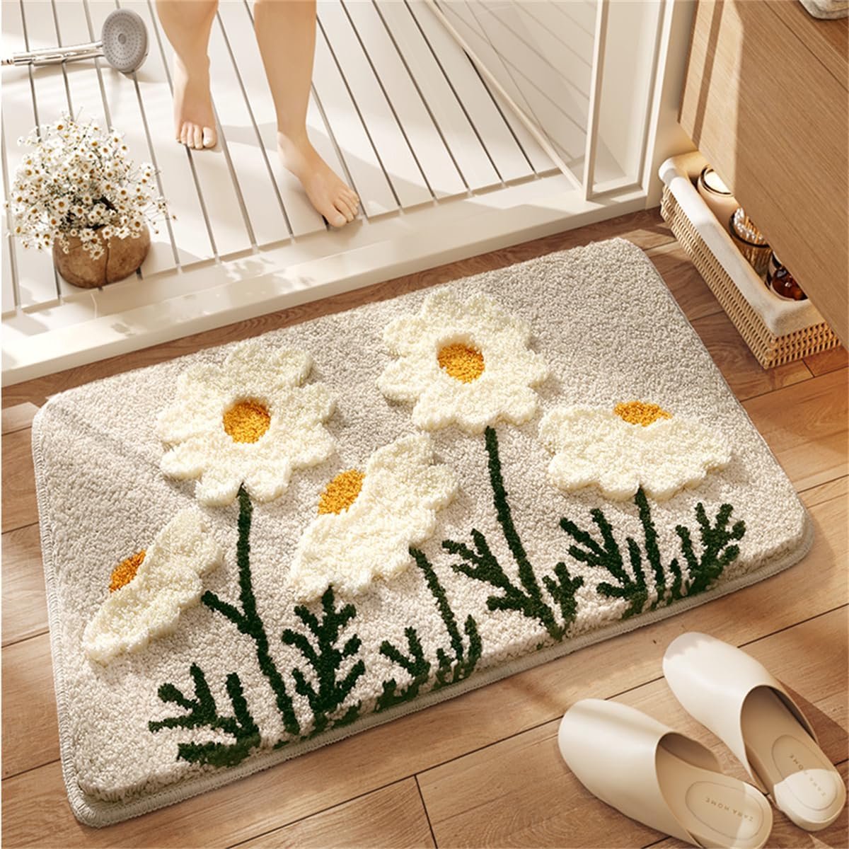 Bloemen badmat, Schattig gestructureerd bloemen‑plant badkamerkleed, Zacht pluizig, Goed absorberend, Antislip en machinewasbaar, 50 x 80 cm