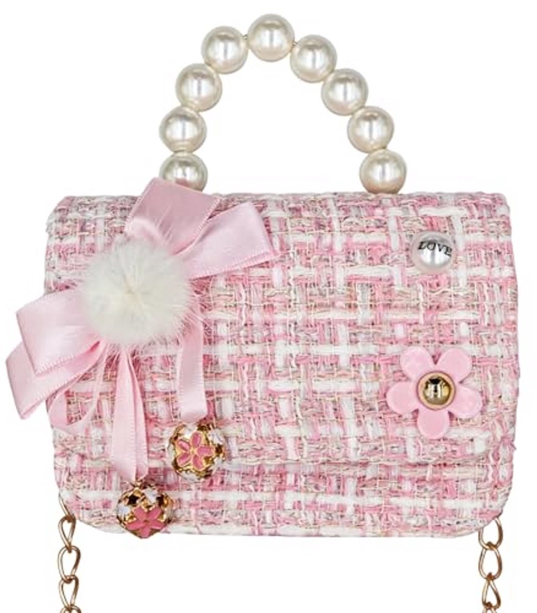 Schoudertas voor meisjes met schattige strik en bel, mini-kralenhandtas, cadeau voor meisjes van 2-8 jaar - Roze