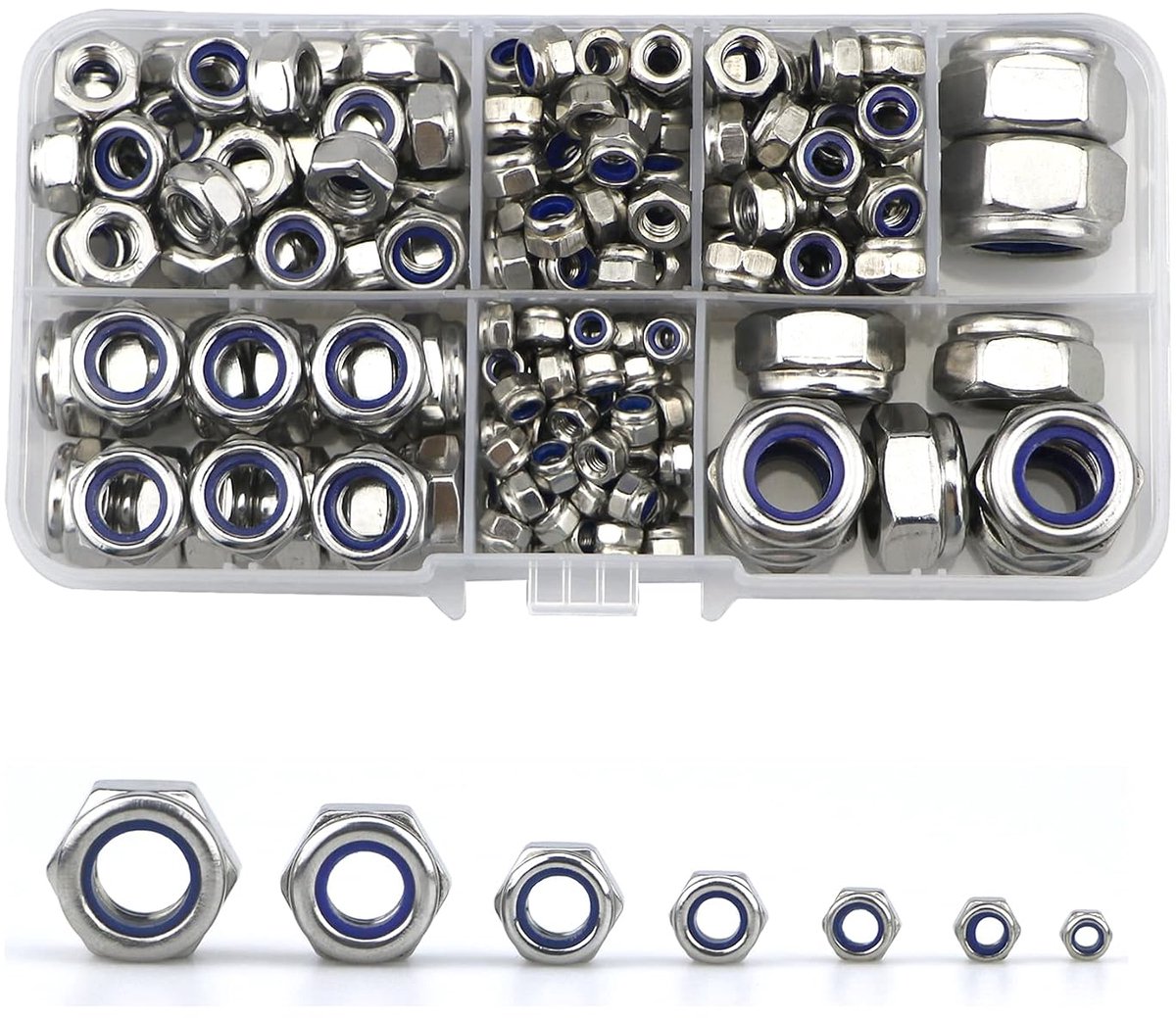 212 stuks borgmoeren set, nylon inzetstuk 304 roestvrijstalen zeshoekige borgmoeren geassorteerde kit (M3 M4 M5 M6 M8 M10 M12)