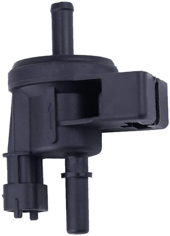 Zwarte ontluchtingsklep voor brandstoftank met twee uitlaatopeningen en een elektrische connector.