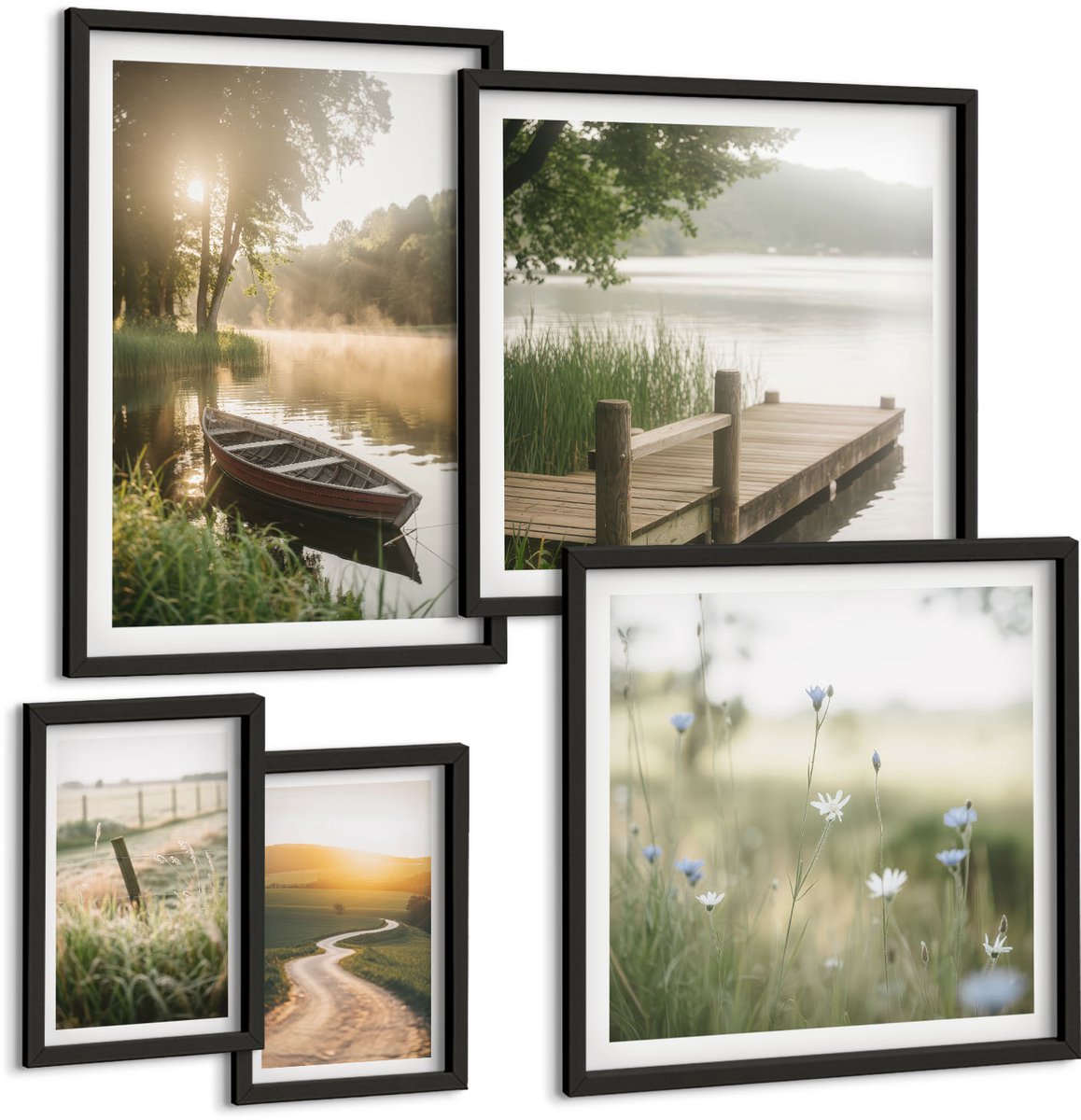 Coloray 5-Delige Schilderij Set - Rustgevende Natuurlandschappen Met Water En Groen. - 50 x 50 cm, 20 x 30 cm En 40 x 60 cm - Muurdecoratie - Decoratieve Schilderijen - Wohnzimmer - Wanddecoratie Zwarte lijst