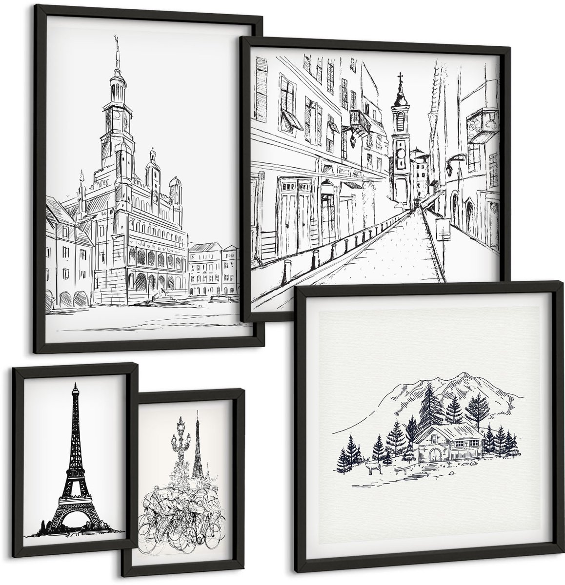 Coloray 5-Delige Schilderij Set - Stijlvolle Illustraties Van Architectuur En Stedelijke Landschappen - 50 x 50 cm, 20 x 30 cm En 40 x 60 cm - Wanddecoratie - Muurdecoratie - Woonkamer - Decoratieve Schilderijen Zwarte lijst