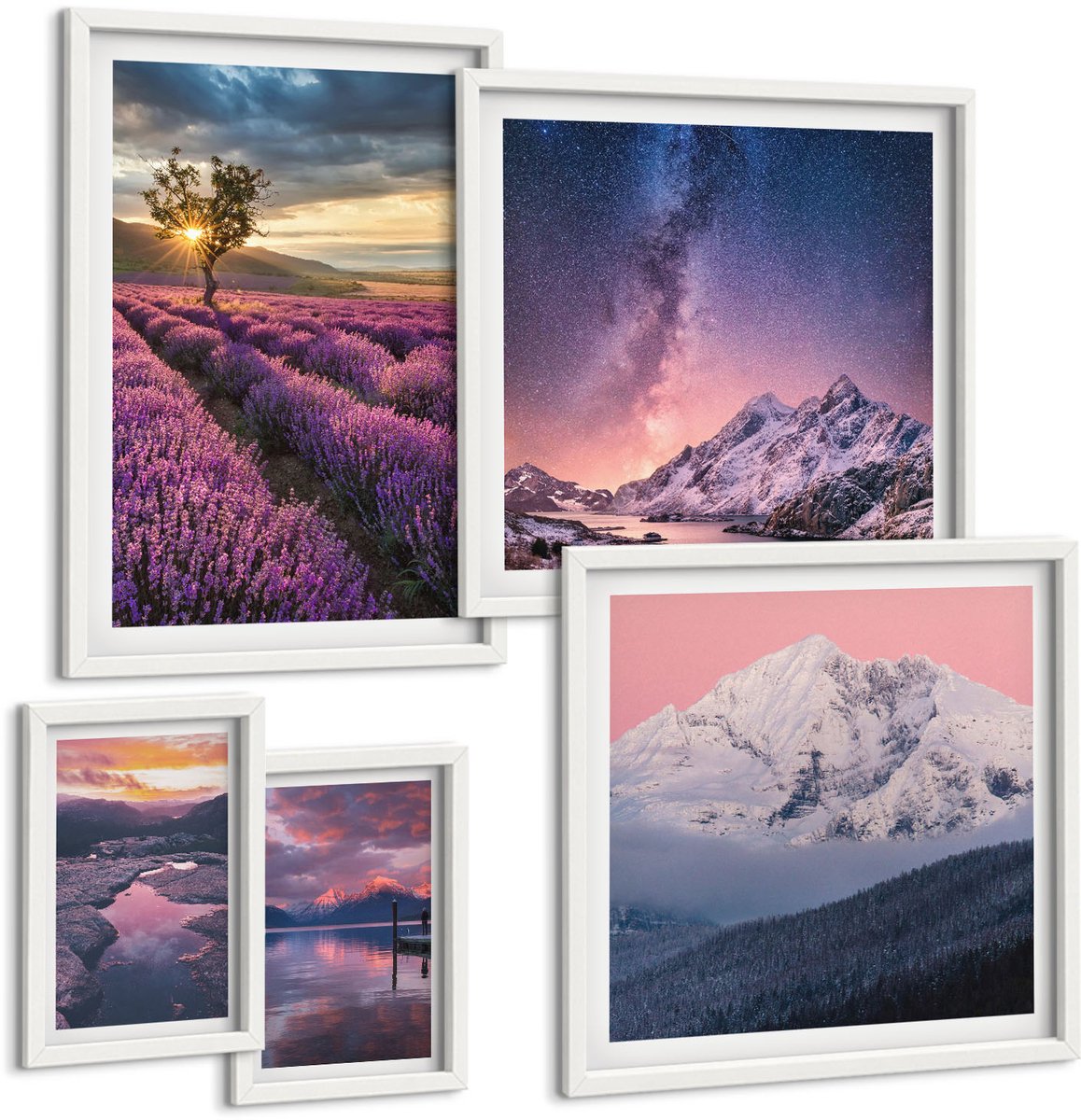 Coloray 5-Delige Schilderij Set - Natuurlandschappen Met Lavendelvelden En Bergen - 50 x 50 cm, 20 x 30 cm En 40 x 60 cm - Wanddecoratie - Muurdecoratie - Woonkamer - Moderne Wanddecoratie