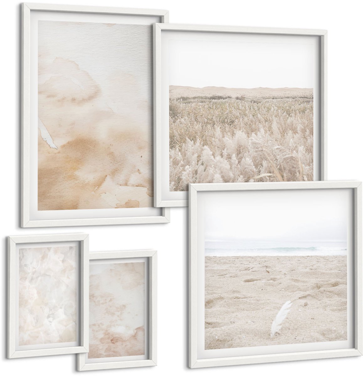 Coloray 5-Delige Schilderij Set - Modieuze Texturen In Pastelkleuren. - 50 x 50 cm, 20 x 30 cm En 40 x 60 cm - Wanddecoratie - Muurdecoratie - Woonkamer
