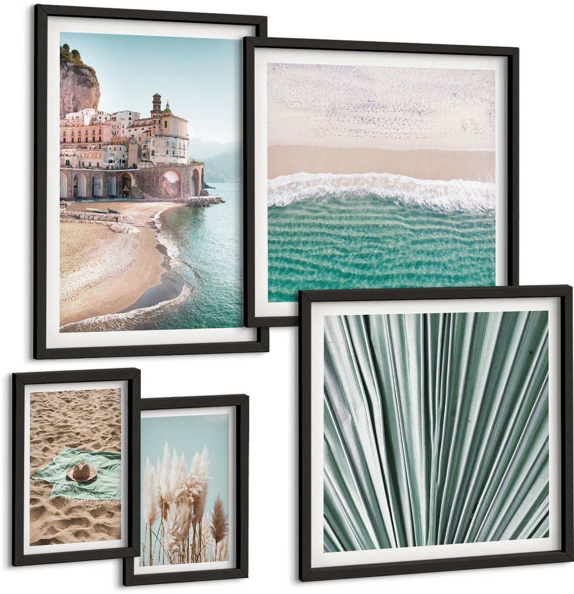 Coloray 5-Delige Schilderij Set - Stijlvol Uitzicht Op Zee Met Stranden En Vegetatie. - 50 x 50 cm, 20 x 30 cm En 40 x 60 cm - Wanddecoratie - Muurdecoratie - Woonkamer - Moderne Wanddecoratie Zwarte lijst
