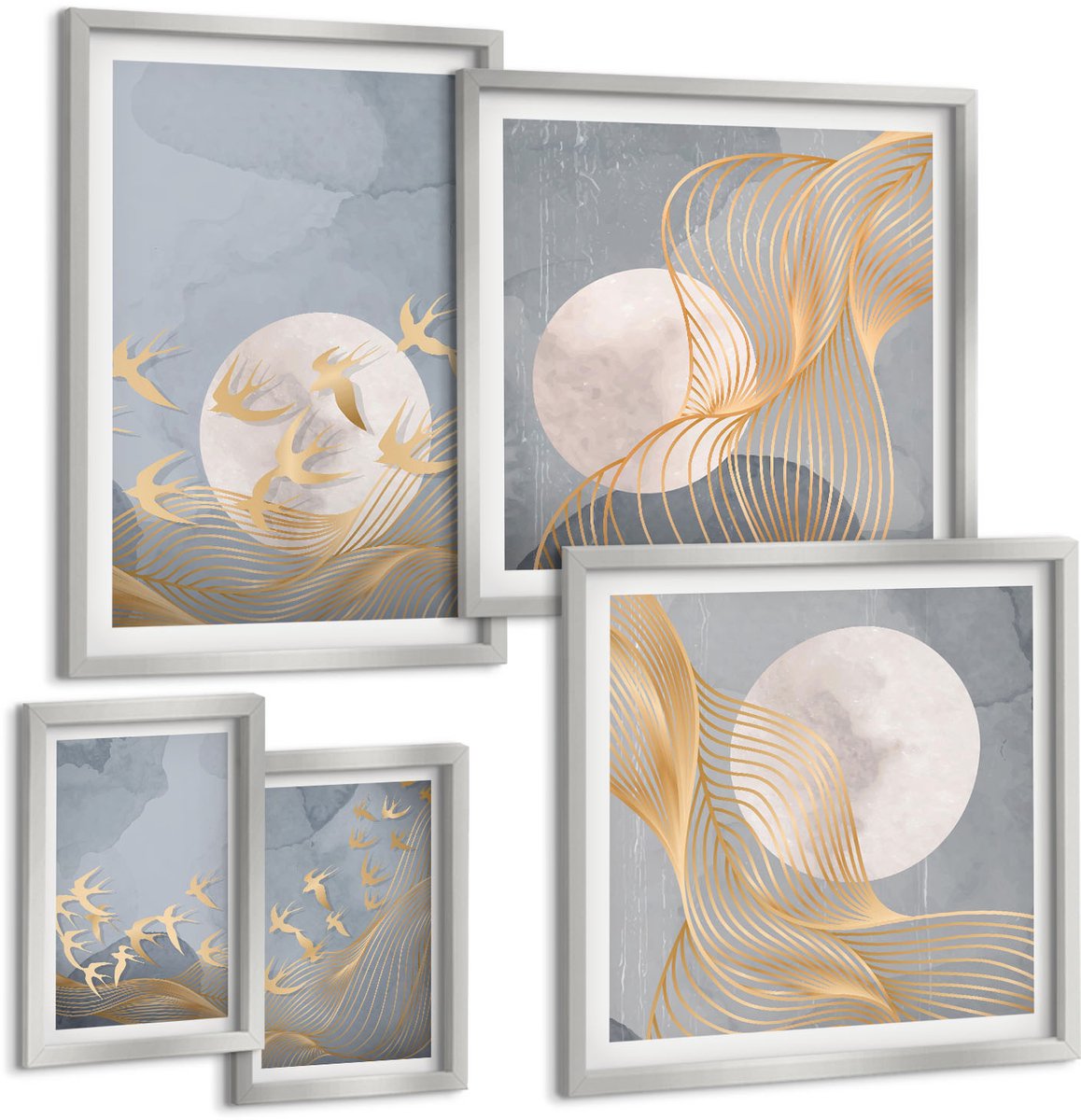 Coloray 5-Delige Schilderij Set - Witte Paarden In Verschillende Houdingen Tegen Een Natuurlijke Achtergrond. - 20 x 30 cm - Wanddecoratie - Moderne Interieurdecoratie - Interieur Decoratie