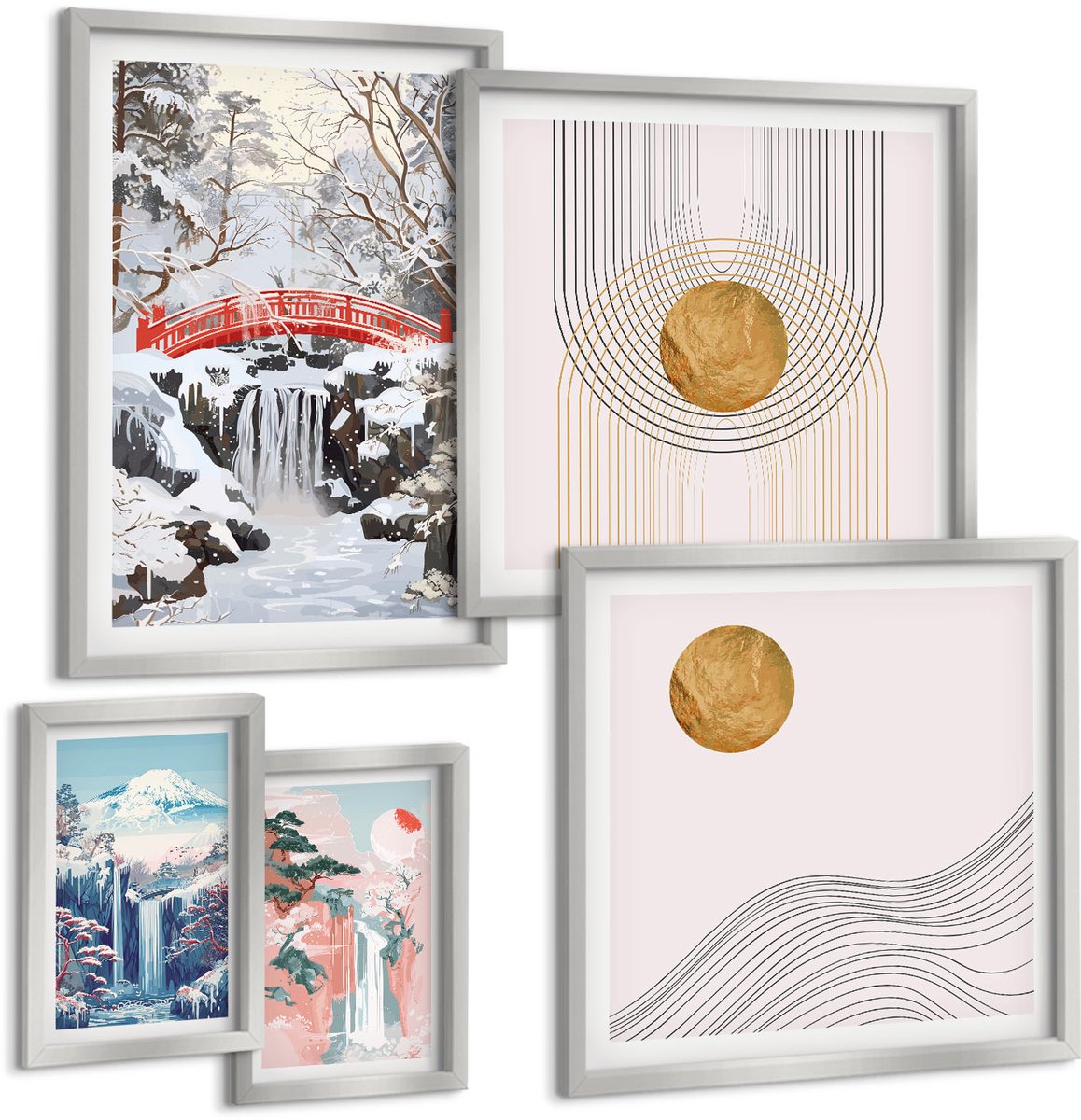 Coloray 5-Delige Schilderij Set - Meer Met Houten Steigers En Bergen - 20 x 30 cm - Decoratieve Muurdecoratie - Slaapkamer - Moderne Wanddecoratie