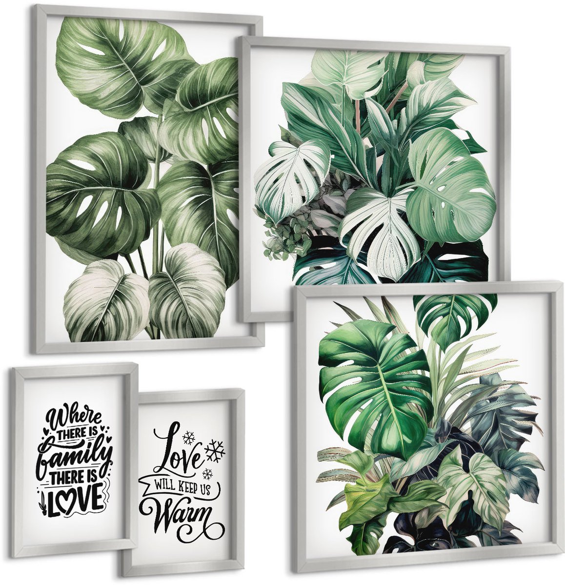 Coloray 5-Delige Schilderij Set - Palmbladeren Vrouwengezicht Monsterabladeren - 20 x 30 cm - Decoratieve Schilderijen - Woonkamer - Interieur - Muurdecoratie