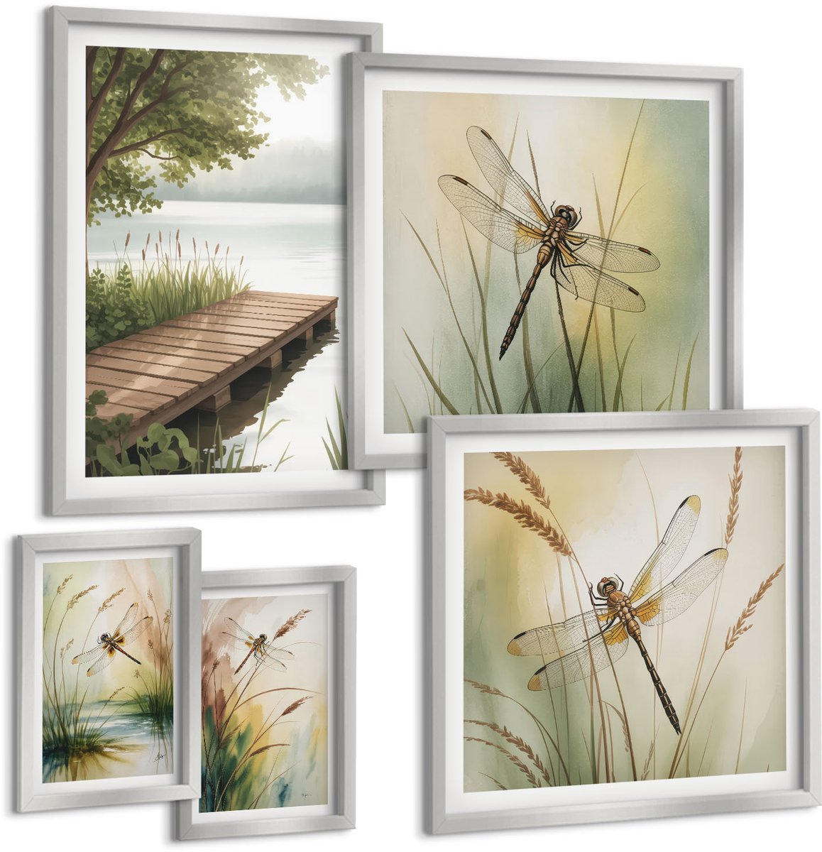 Coloray 5-Delige Schilderij Set - Geschilderd Gras Met Libellen Boven Het Water. - 20 x 30 cm - Decoratieve Schilderijen - Wanddecoratie - Hal - Stijlvolle Muurdecoratie