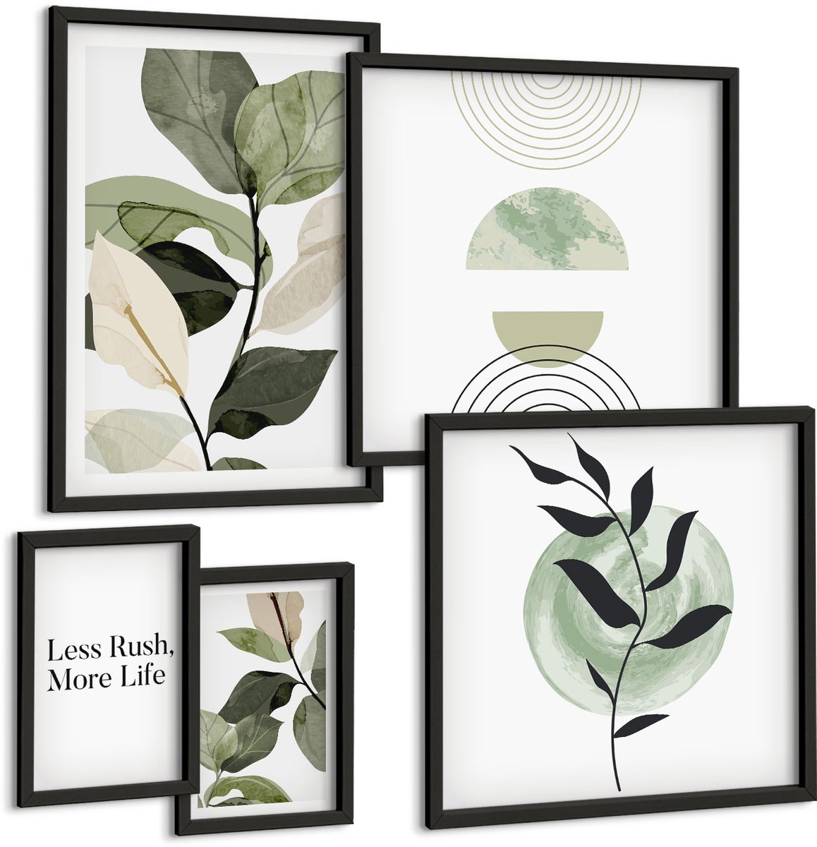 Coloray 5-Delige Schilderij Set - Stijlvolle Afbeeldingen Met Plantmotieven Voor Interieurs - 50 x 50 cm, 20 x 30 cm En 40 x 60 cm - Muurdecoratie - Wanddecoratie - Hal Zwarte lijst