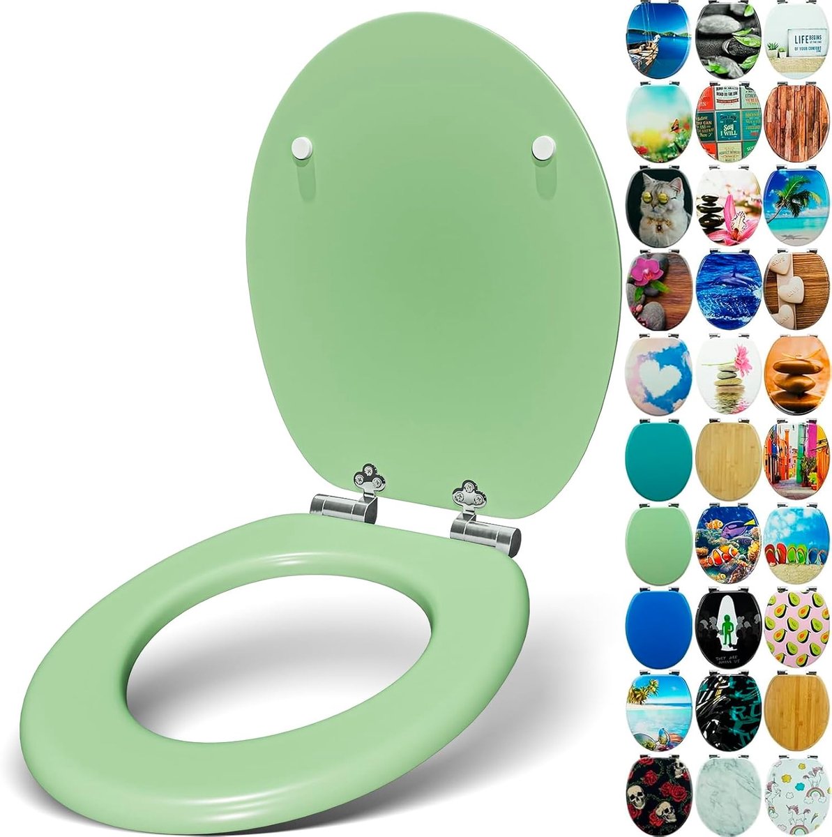Toiletbril met softclosemechanisme, hoogwaardig toiletdeksel van hout, vele kleurrijke motieven, hoog zitcomfort, eenvoudige montage, mintgroen