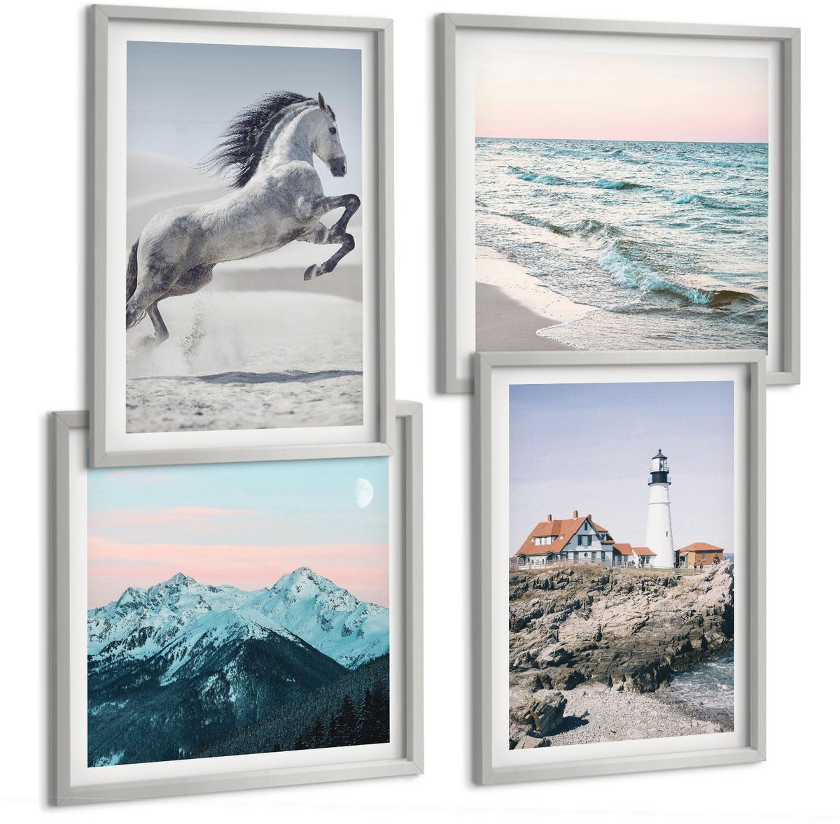 Coloray 4-Delige Schilderij Set - Paarden In Beweging Strand En Vuurtorenbergen - 40 x 40 cm En 40 x 60 cm - Muurdecoratie - Wanddecoratie - Slaapkamer