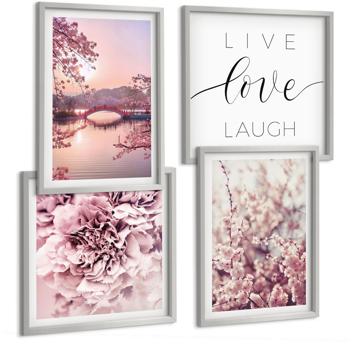 Coloray 4-Delige Schilderij Set - Bloemmotieven Met Een Levensbrug-Inscriptie - 40 x 40 cm En 40 x 60 cm - Wanddecoratie - Moderne Interieurdecoratie - Moderne Wanddecoratie
