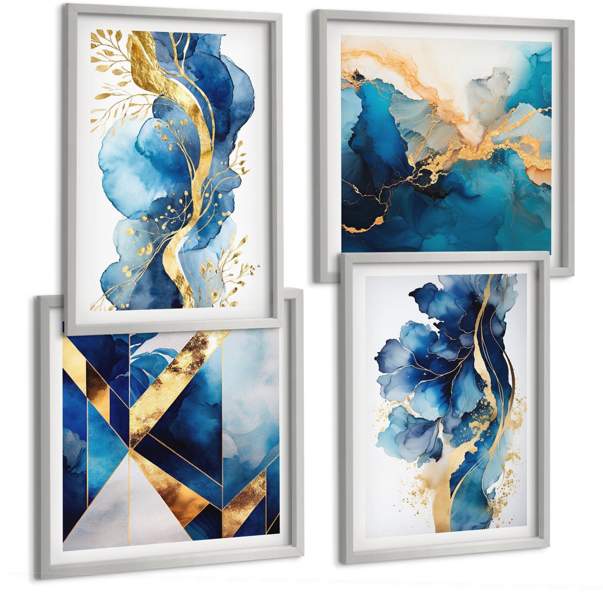 Coloray 4-Delige Schilderij Set - Blauwe Abstracte Patronen Met Subtiele Accenten - 40 x 40 cm En 40 x 60 cm - Wanddecoratie - Muurdecoratie - Moderne Interieurdecoratie - Interieur Decoratie
