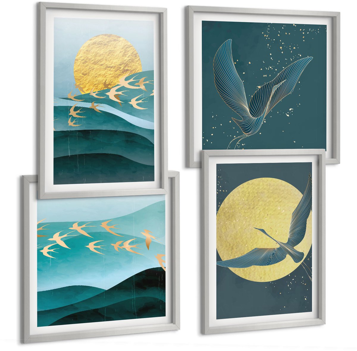 Coloray 4-Delige Schilderij Set - Stijlvolle Abstracte Landschappen Met Vogels - 40 x 40 cm En 40 x 60 cm - Stijlvolle Wanddecoratie - Interieur - Moderne Wanddecoratie