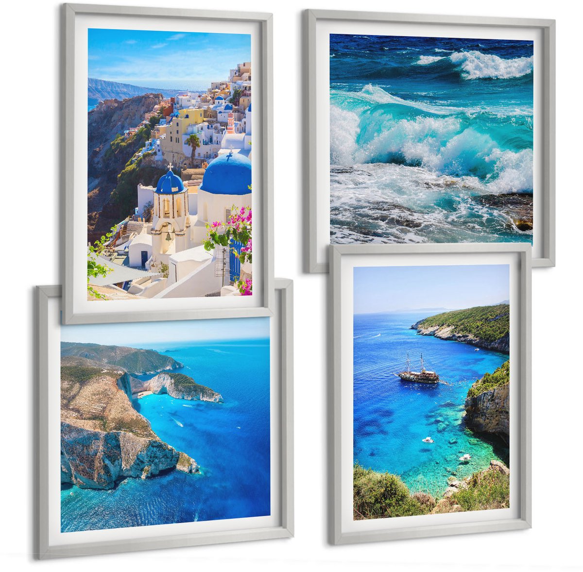 Coloray 4-Delige Schilderij Set - Uitzicht Op De Griekse Kust En Het Stadje Oia Op Santorini - 40 x 40 cm En 40 x 60 cm - Decoratieve Muurdecoratie - Slaapkamer - Stijlvolle Muurdecoratie