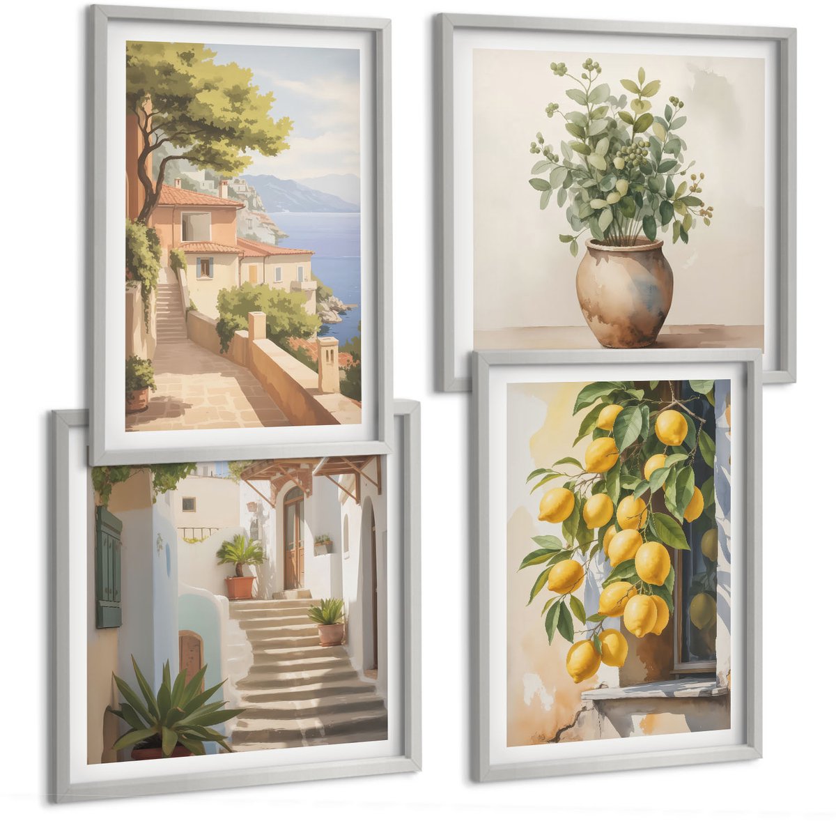 Coloray 4-Delige Schilderij Set - Bloemen In Een Vaas Met Uitzicht Op Zee En Citroenen - 40 x 40 cm En 40 x 60 cm - Schilderijen Set - Wanddecoratie - Woonkamer - Woonkamer Decoratie