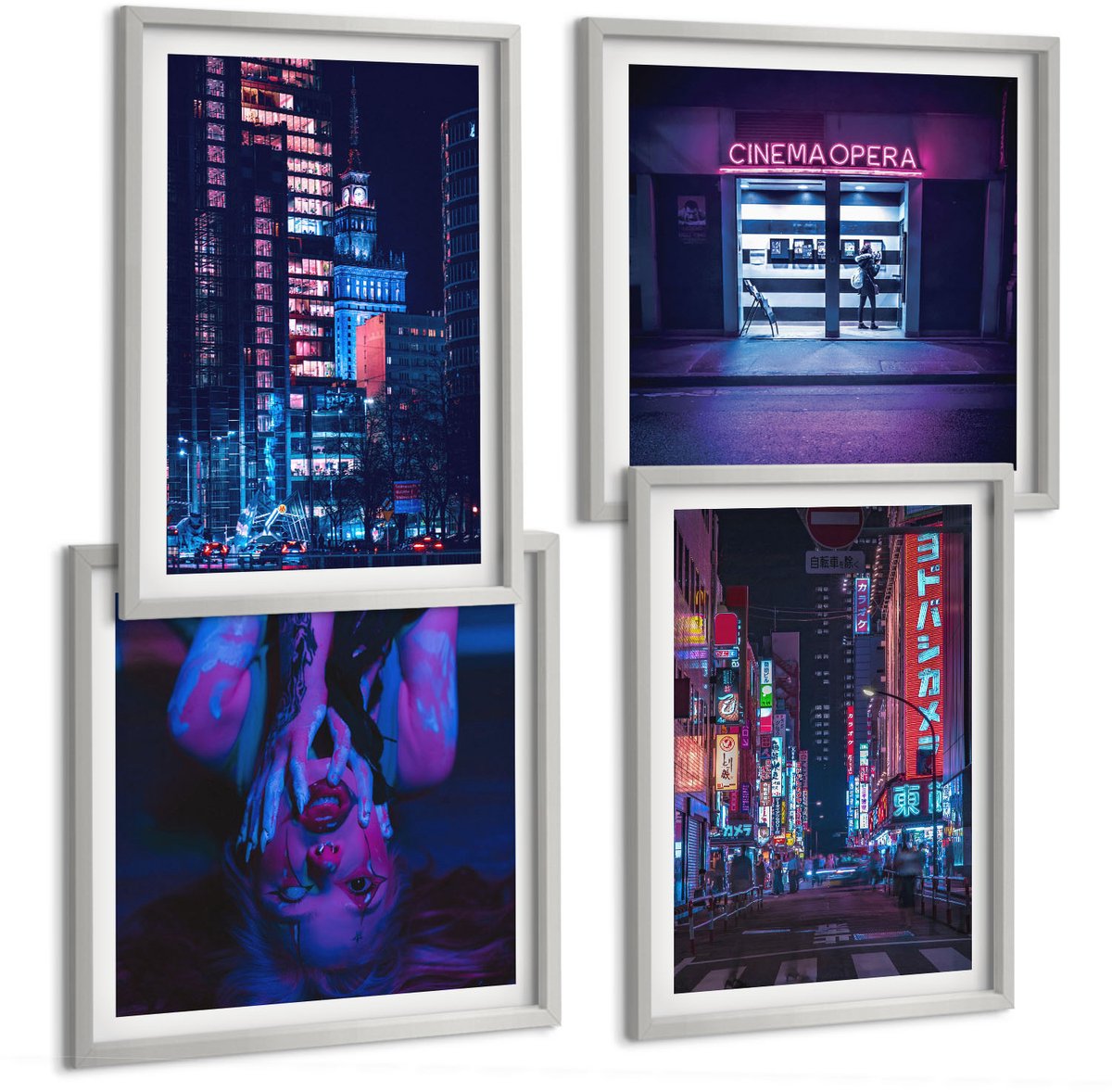 Coloray 4-Delige Schilderij Set - Nachtstad Met Neonlichten En Bioscoopingang - 40 x 40 cm En 40 x 60 cm - Moderne Wanddecoratie - Slaapkamer - Woonkamer Decoratie