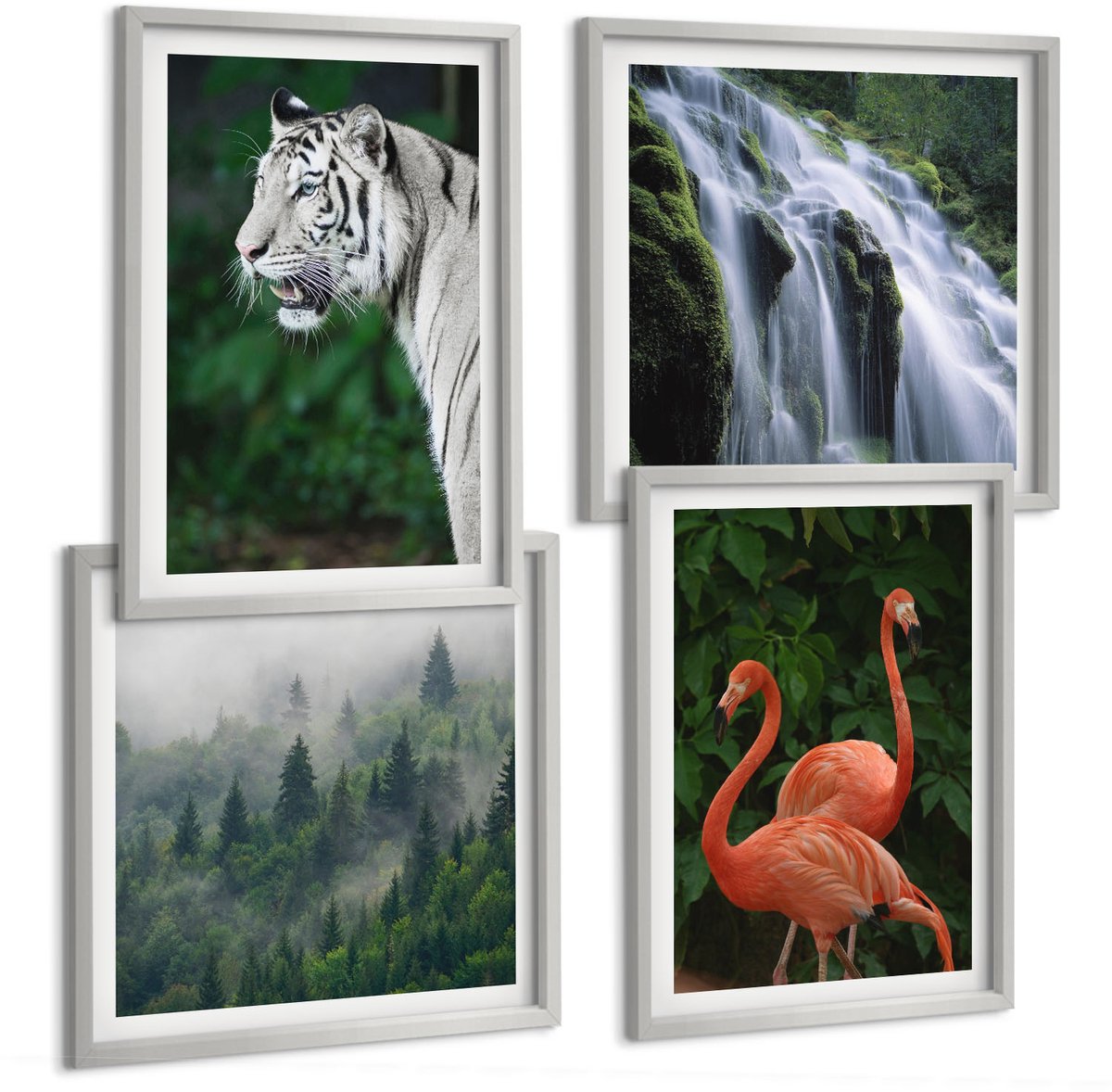 Coloray 4-Delige Schilderij Set - Tijgerwaterval En Roze Flamingo'S In De Natuur - 40 x 40 cm En 40 x 60 cm - Wanddecoratie - Schilderijen Set - Interieur - Moderne Wanddecoratie