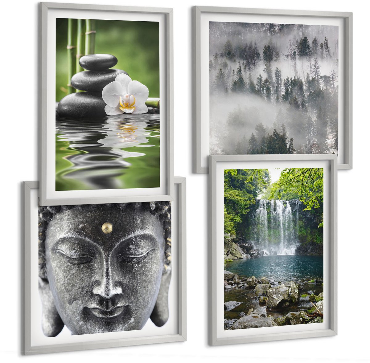 Coloray 4-Delige Schilderij Set - Harmonie Van De Natuur Met Stenen, Water En Boeddha - 40 x 40 cm En 40 x 60 cm - Decoratieve Muurdecoratie - Slaapkamer - Decoratieve Schilderijen