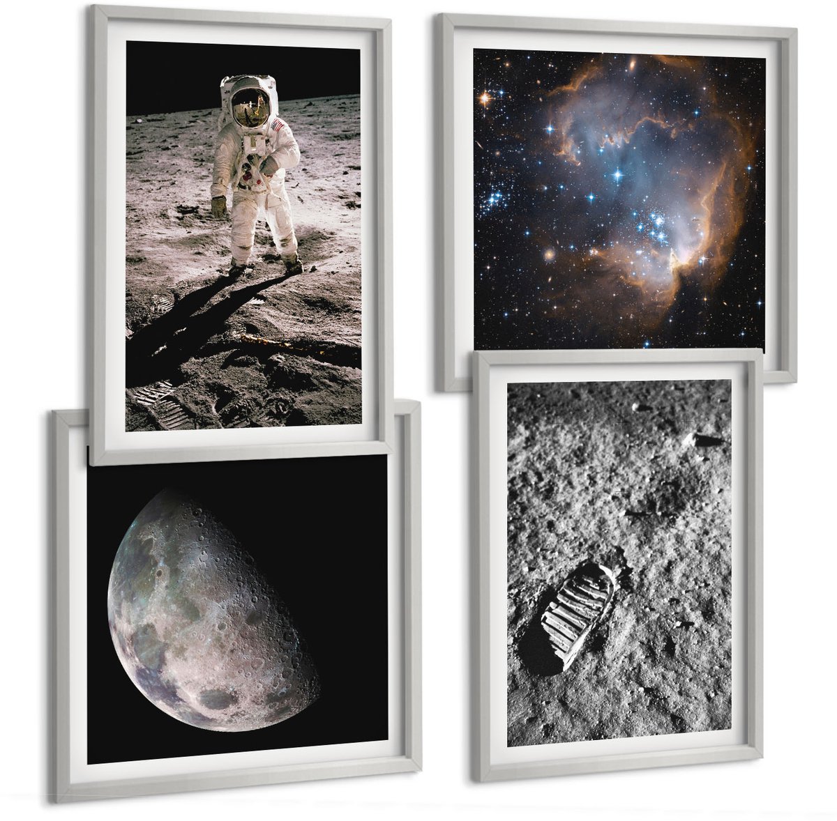 Coloray 4-Delige Schilderij Set - Foto'S Van Astronautenvoetafdrukken Op De Maan - 40 x 40 cm En 40 x 60 cm - Moderne Wanddecoratie - Slaapkamer - Muurdecoratie