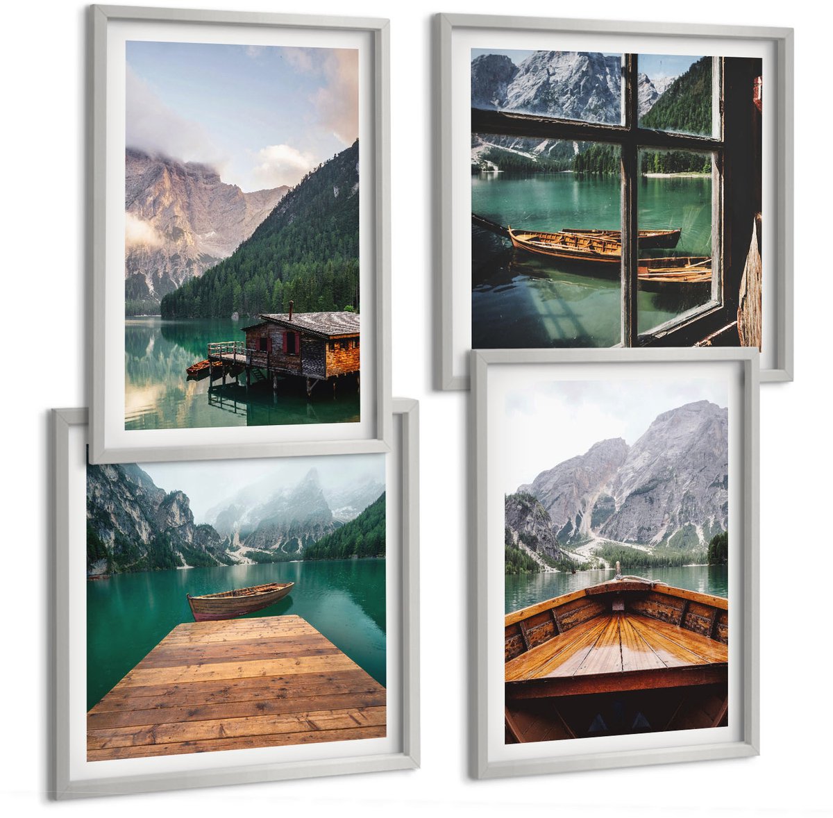 Coloray 4-Delige Schilderij Set - Berglandschap, Houten Huisje, Steiger En Boten - 40 x 40 cm En 40 x 60 cm - Wanddecoratie - Muurdecoratie - Woonkamer